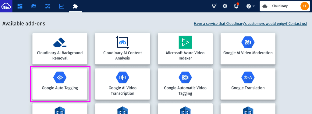 Cloudinary Add-ons page with Google Auto Tagging highlighted