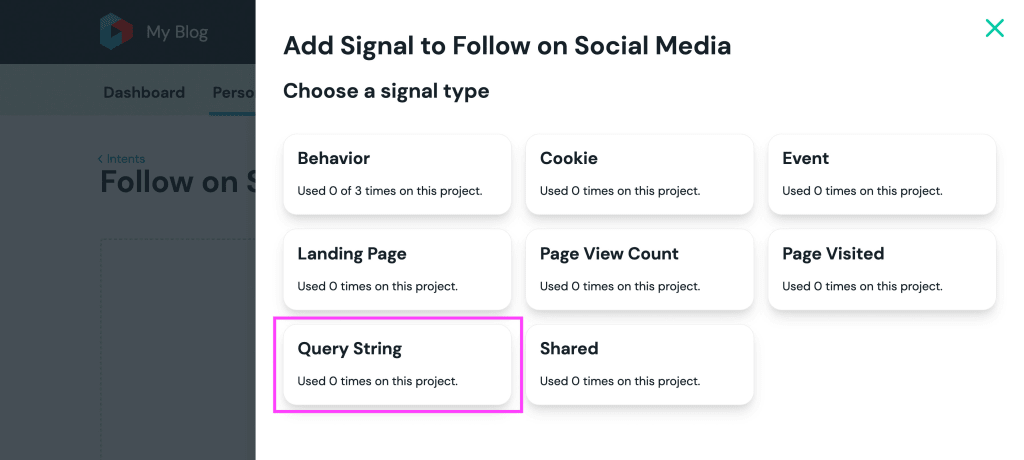 Signal creation selecting the Query String type of Intent