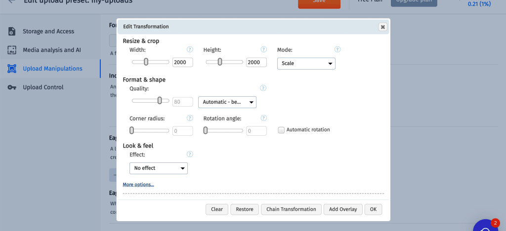 Incoming Transformation edit modal setting width to 2000px and automatic quality