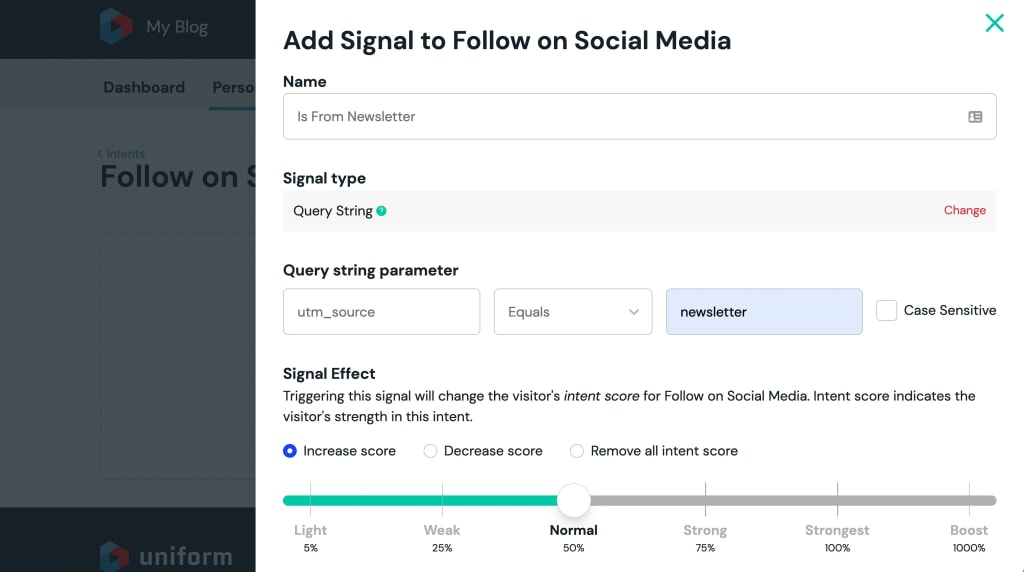 Add Signal UI showing configuration of newsletter parameter