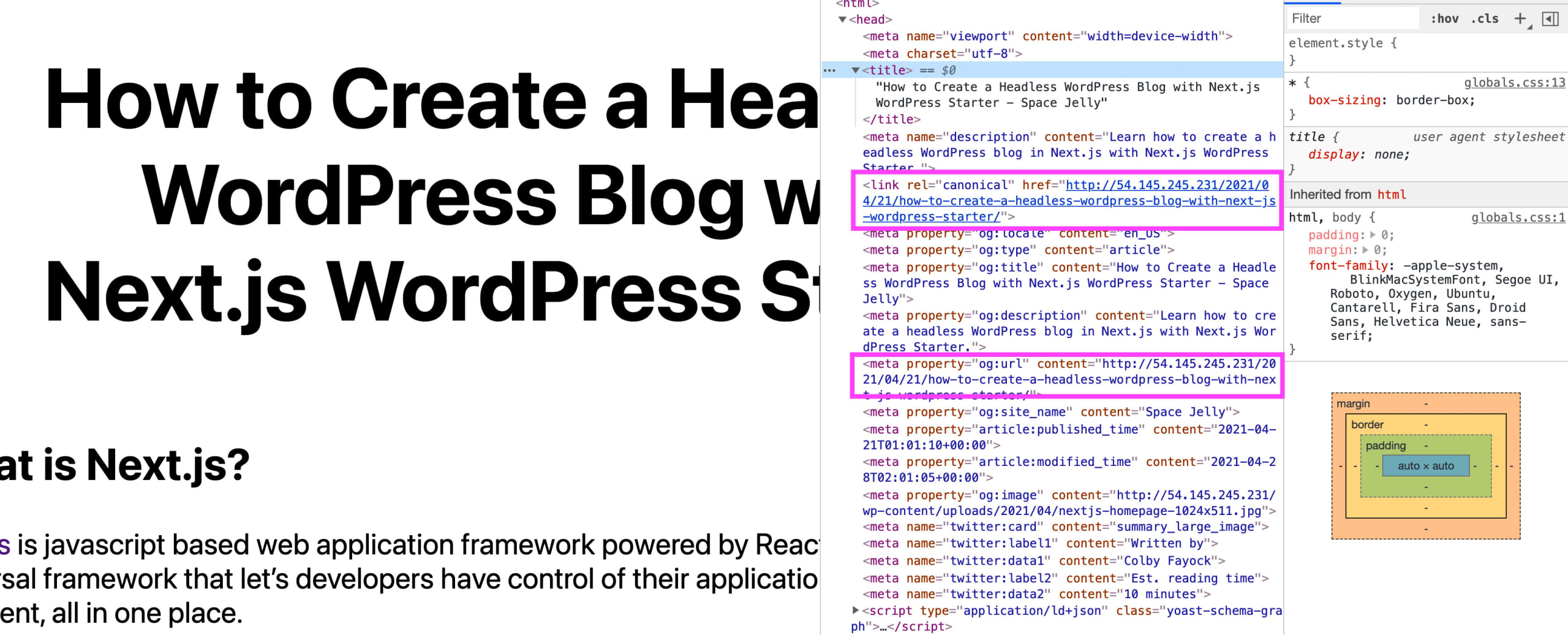 Chrome inspector showing rendered HTML head with links using headless WordPress host