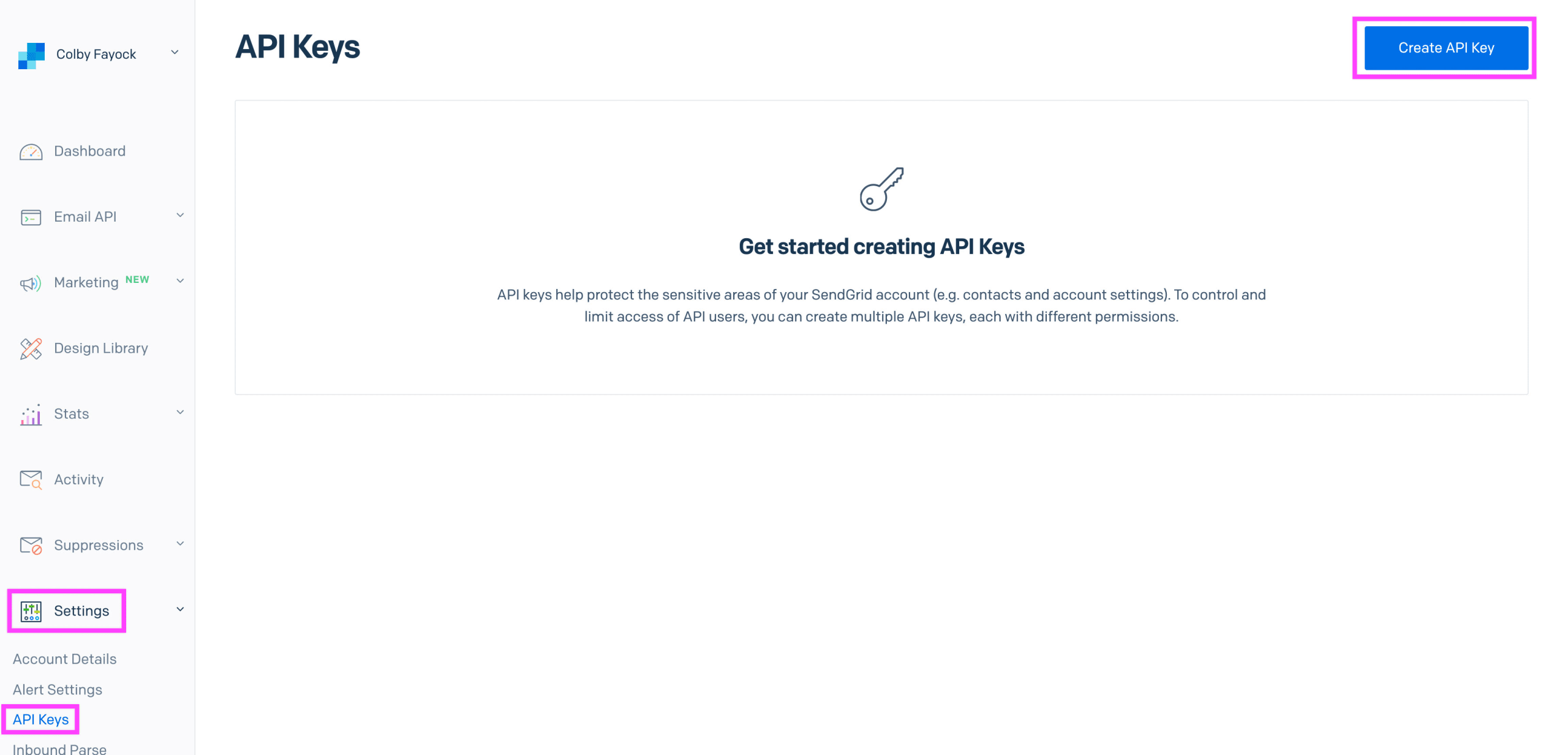 SendGrid API key dashboard
