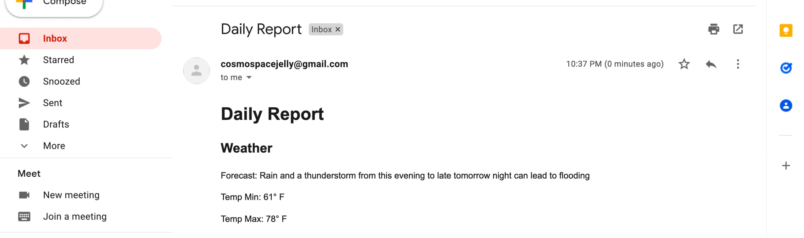 Gmail showing Daily Report email open with weather forecast