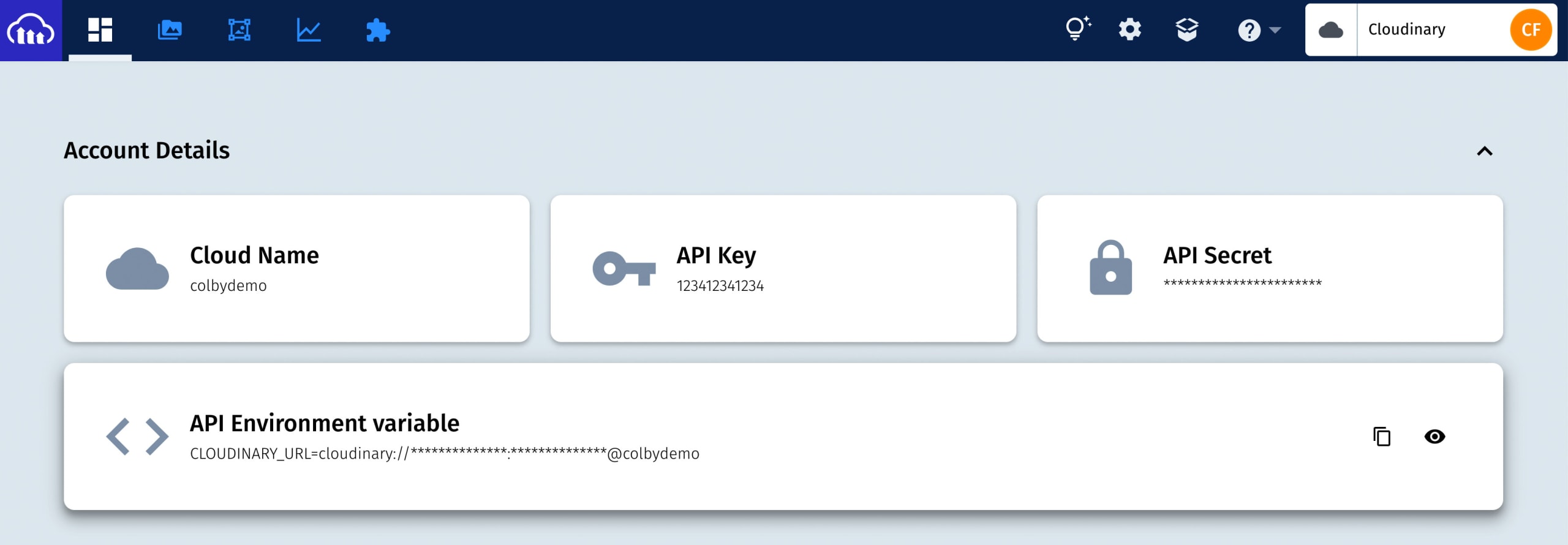 Cloudinary dashboard showing API Environment Variable and other account details
