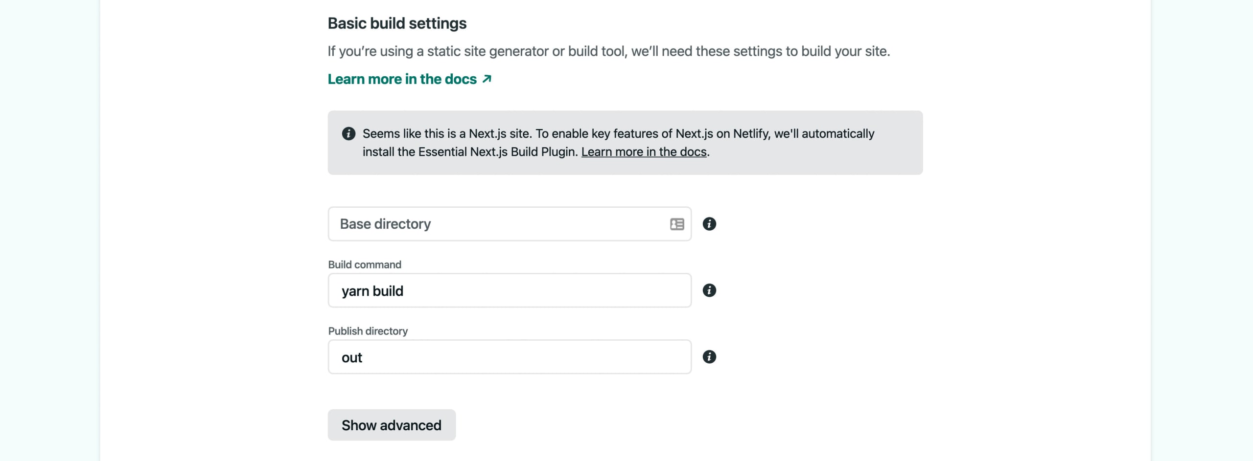 Build settings in new Netlify deploy