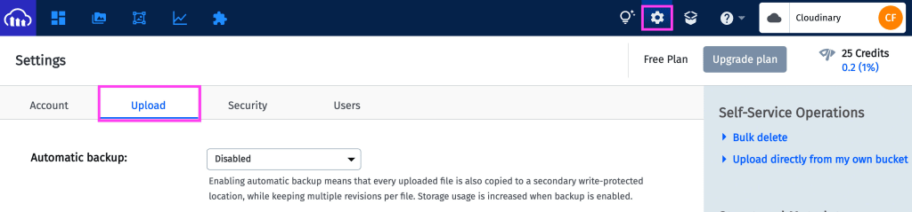 Settings link and Upload tab highlighted inside Cloudinary dashboard