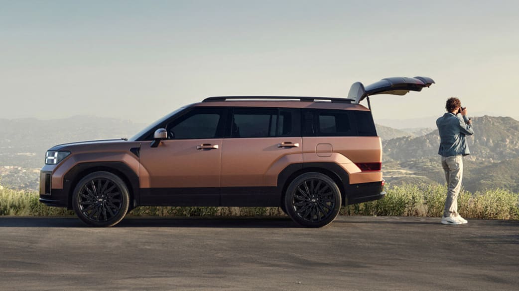 רכב 7 מקומות צבע ברונזה עם תא מטען פתוח ואיש עומד ליד