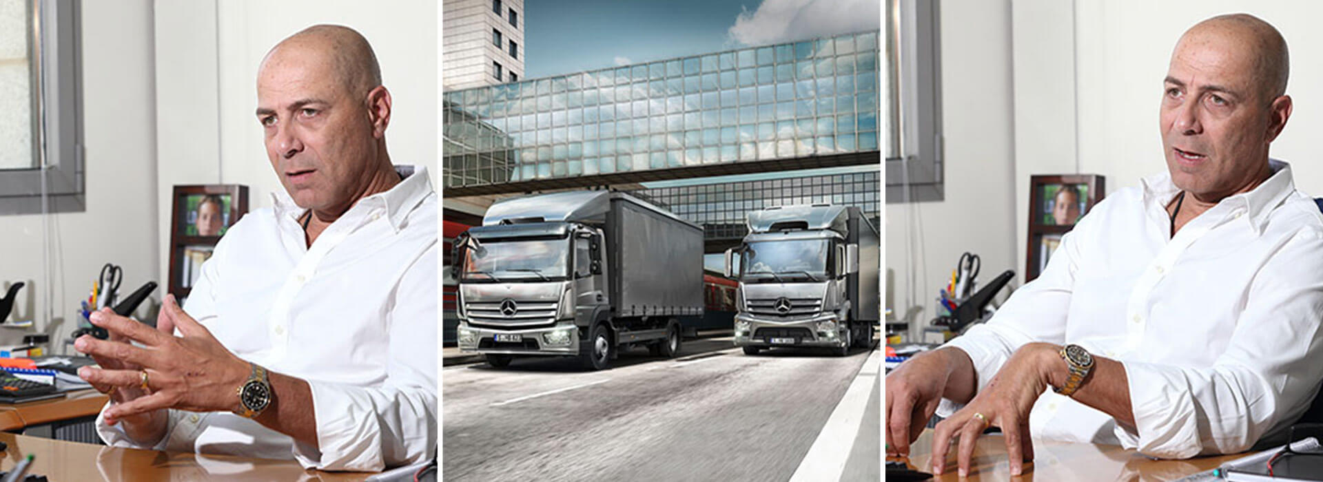 קולאז' תמונות של משאיות הובלה של מרצדס ושל מנהל חטיבת רכבי הובלה בכלמוביל ניר דקל