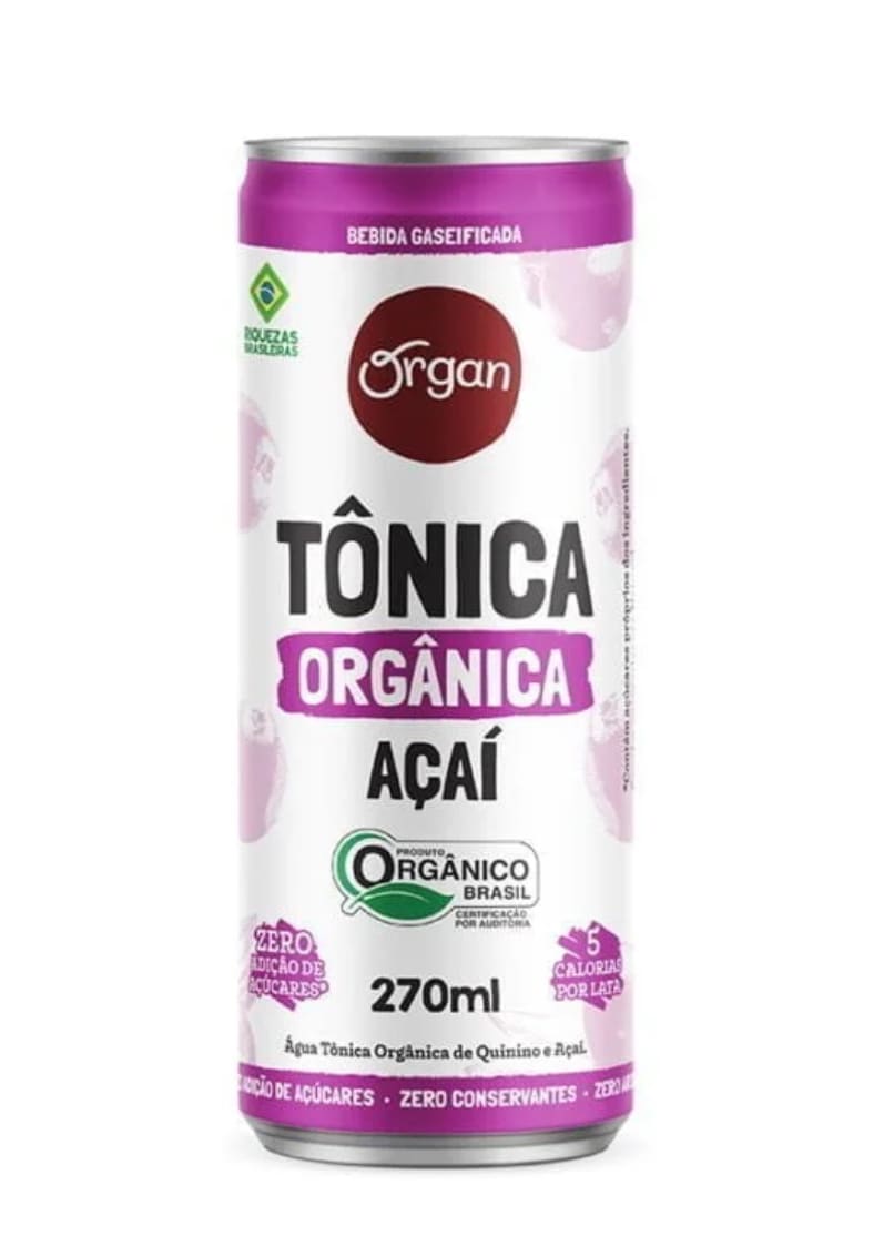 Tônica Orgânica Açaí - 270ml - água gaseificada, extrato natural de Açaí, açúcar demerar orgânico, ácido cítrico e aroma natural de quinino