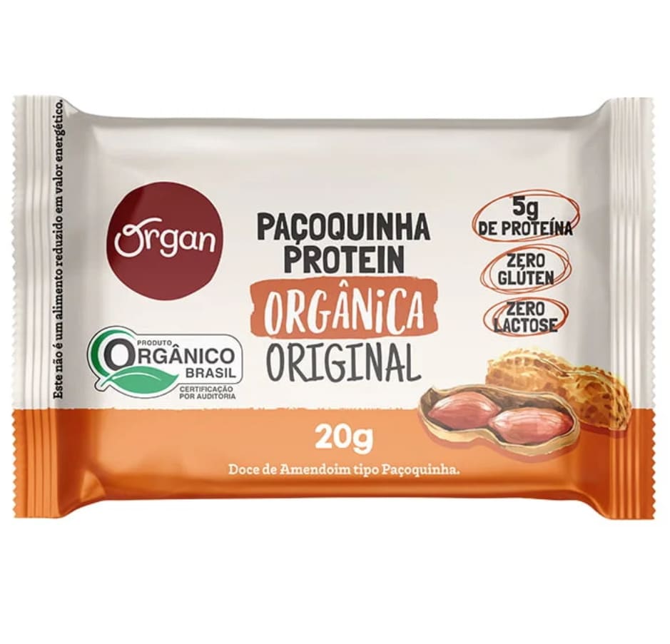 Paçoquinha Protein Orgânica Original - 20g - amendoim orgânico, açúcar demerara orgânico, proteína de amendoim orgânica e sal rosa do himalaia