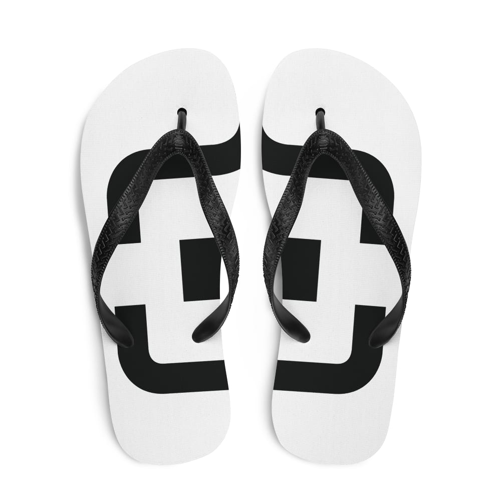 White Flip Flops with Black Logo