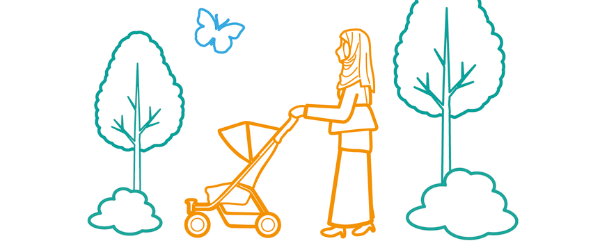 Lady walking with a pram, there is two trees, a bush and butterfly in the background. 