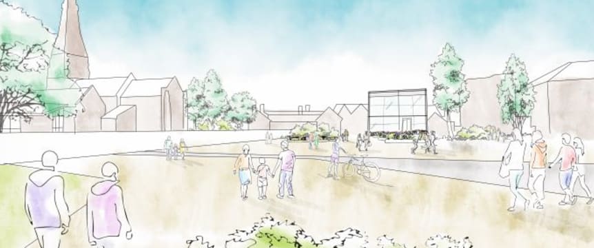 An artist impression showing what a plaza could look like on the south site in Weybridge looking towards St James Church and the library