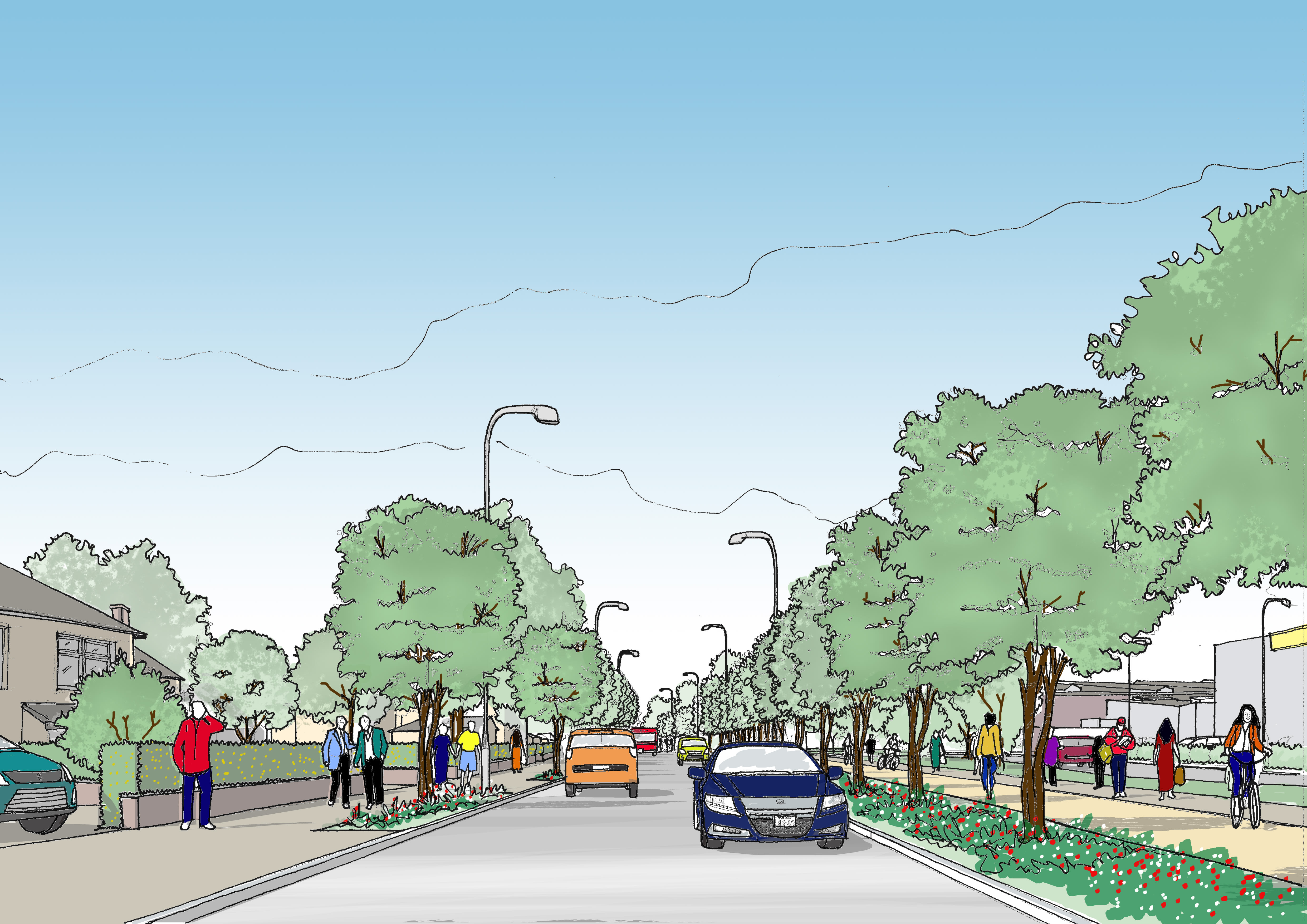 Sketch vision for south Salfords showing a tree lined street and bi-directional cycle lane