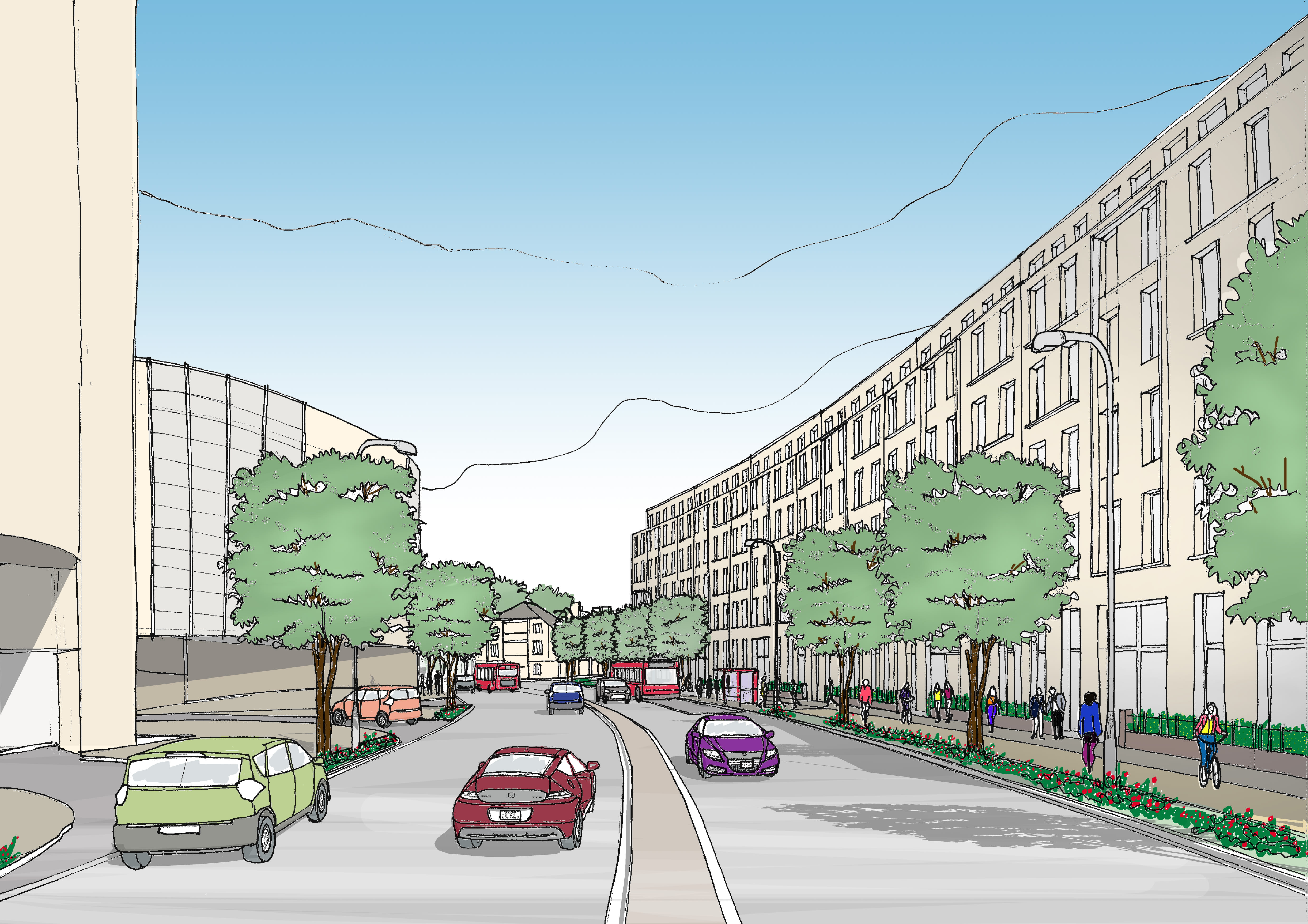 Sketch vision for Redhill Town Centre showing a tree lined street, bi-directional cycle lane and new commercial building to the right