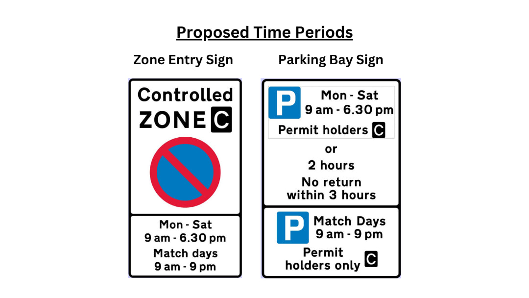 Proposed time periods. Controlled Zone; Mon- Sat 9 am- 6.30pm, Match days 9am- 9pm. Parking bay Sign: Mon-Sat 9am- 6.30pm permit holders or 2 hours no return within 3 hours. Match Days 9am -9pm permit holders only.  