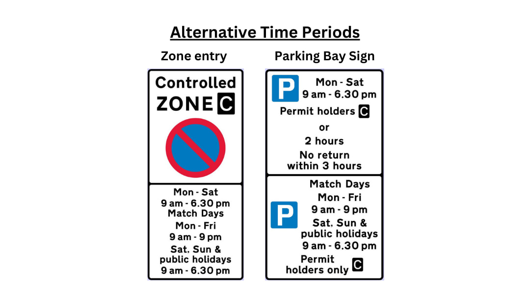 Proposed time periods. Controlled zone; mon-Sat 9am-6.30pm, Match Days Mon-Fri 9am-9pm, Sat, Sun & public holidays 9am- 6.30pm. Parking Bay; Mon-Sat 9am -6.30pm permit holders or 2 hours no return within 3 hours.  Match days; 9am- 9pm. Sat, Sun & public holidays 9am-6.30pm Permit holders only.