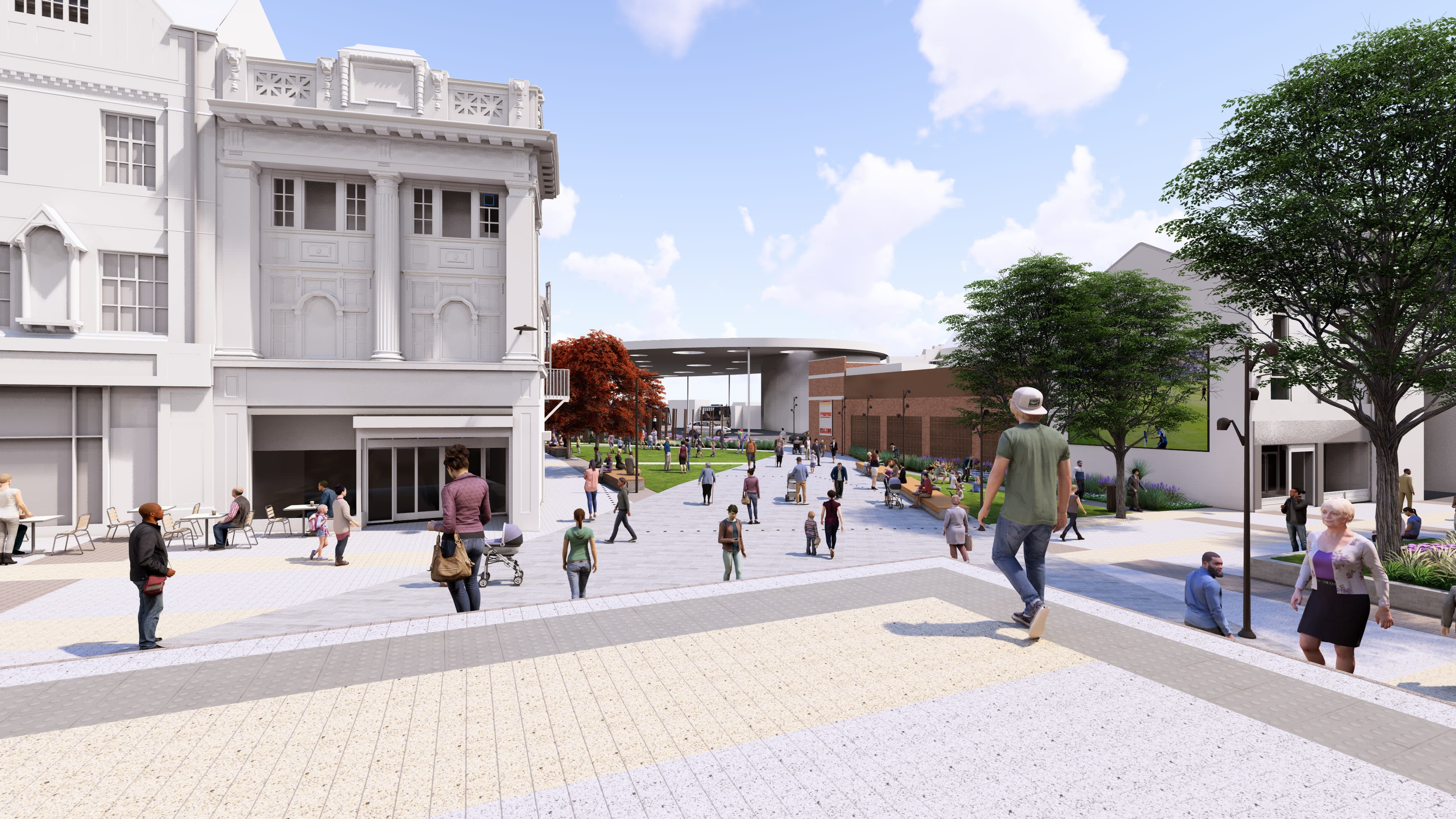 Connected Gateway - View from Saddlers Centre / Walsall Rail Station entrance through to St Pauls Bus Station via new public square (concept visual).