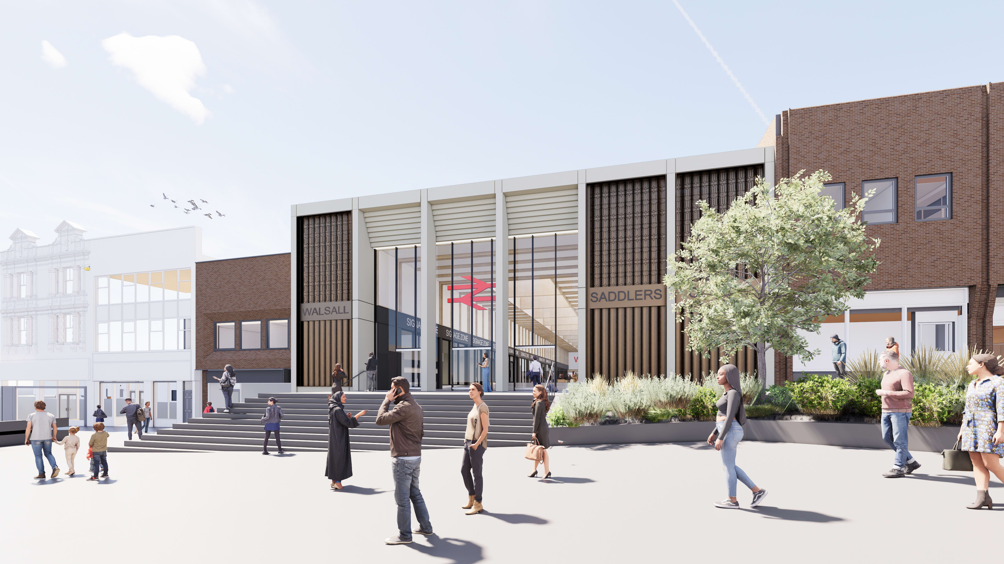 Proposed design for the Saddlers Centre entrance, with wood cladding either side of large glass doors. There is a tree and greenery on the right