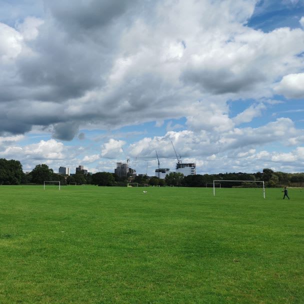 A view of grass football pitches in the West Hendon Playing Fields.