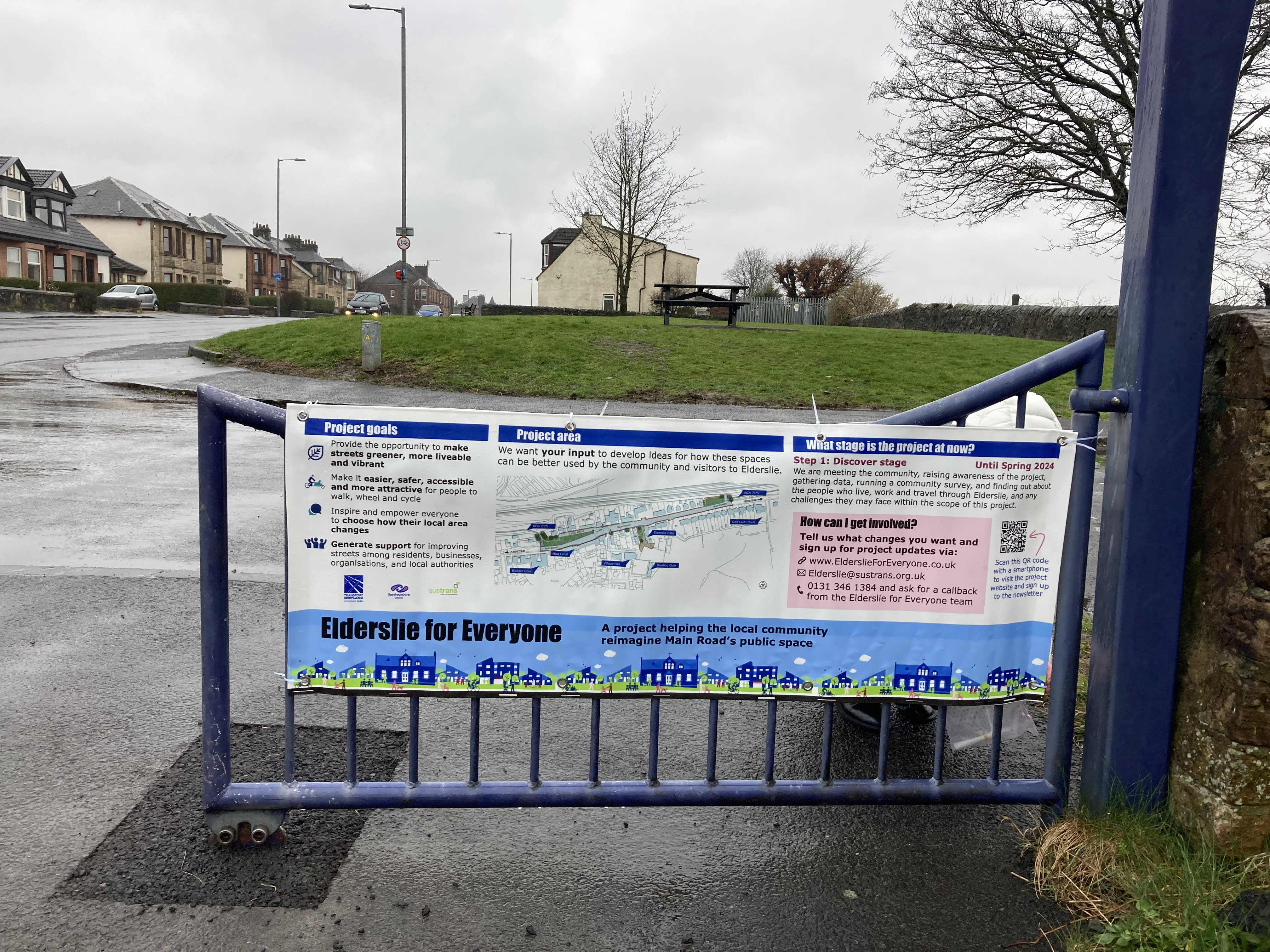 A outdoor banner attached to a railing on Elderslie National Cycle Network entrance