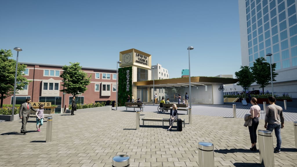 a group of people walking around a courtyard with benches and buildings