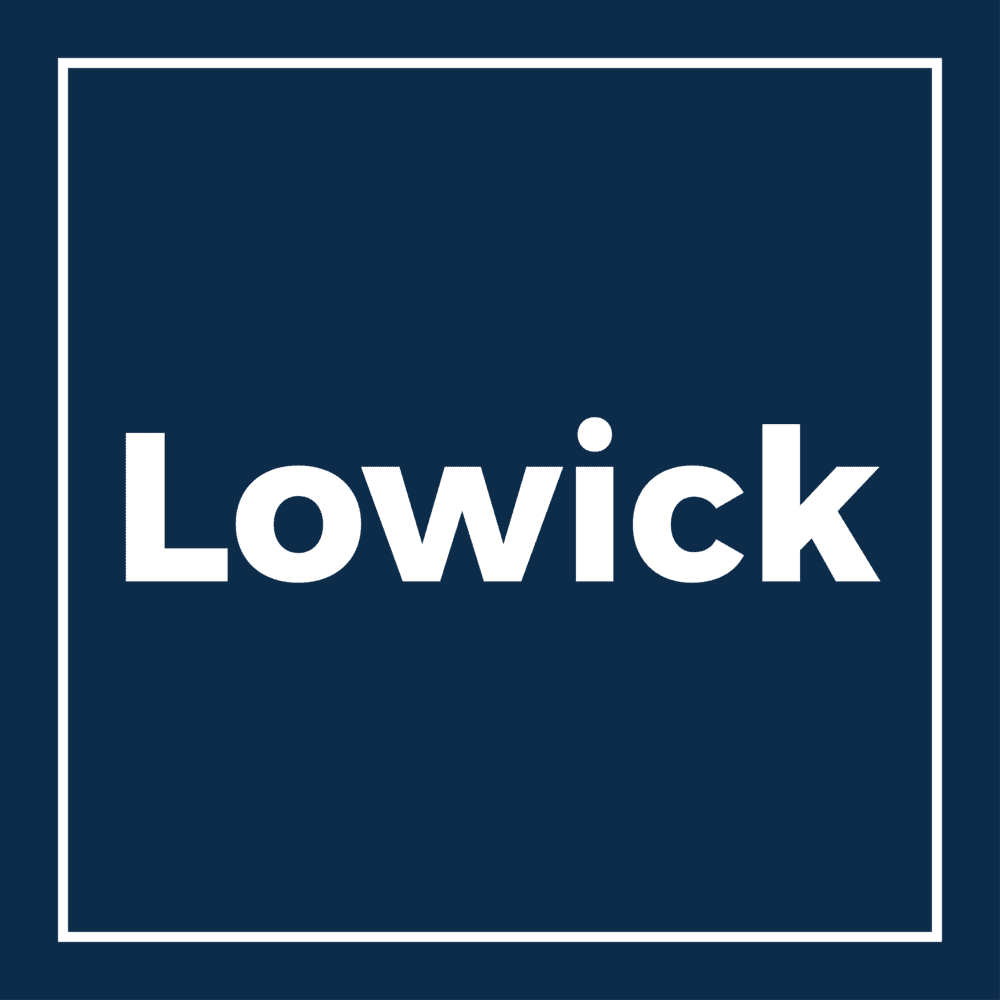 Logo comprising blue square with inscription Lowick