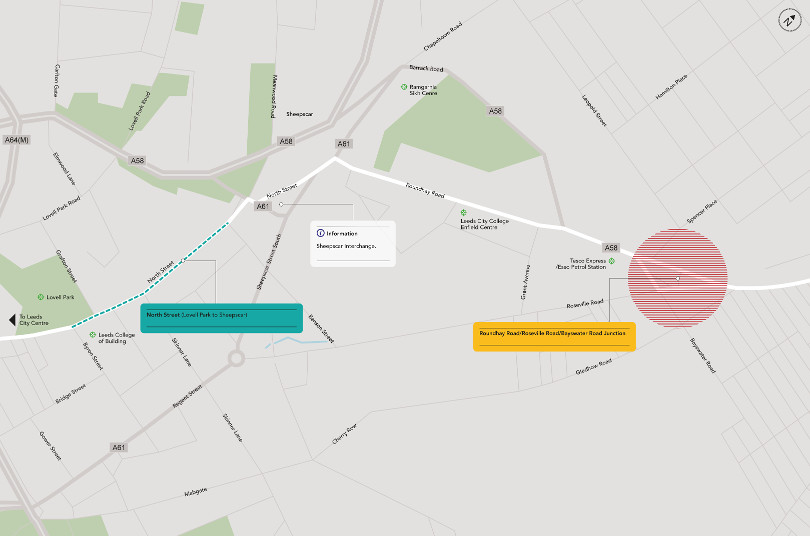 Map showing locations of Roundhay Road and North Street