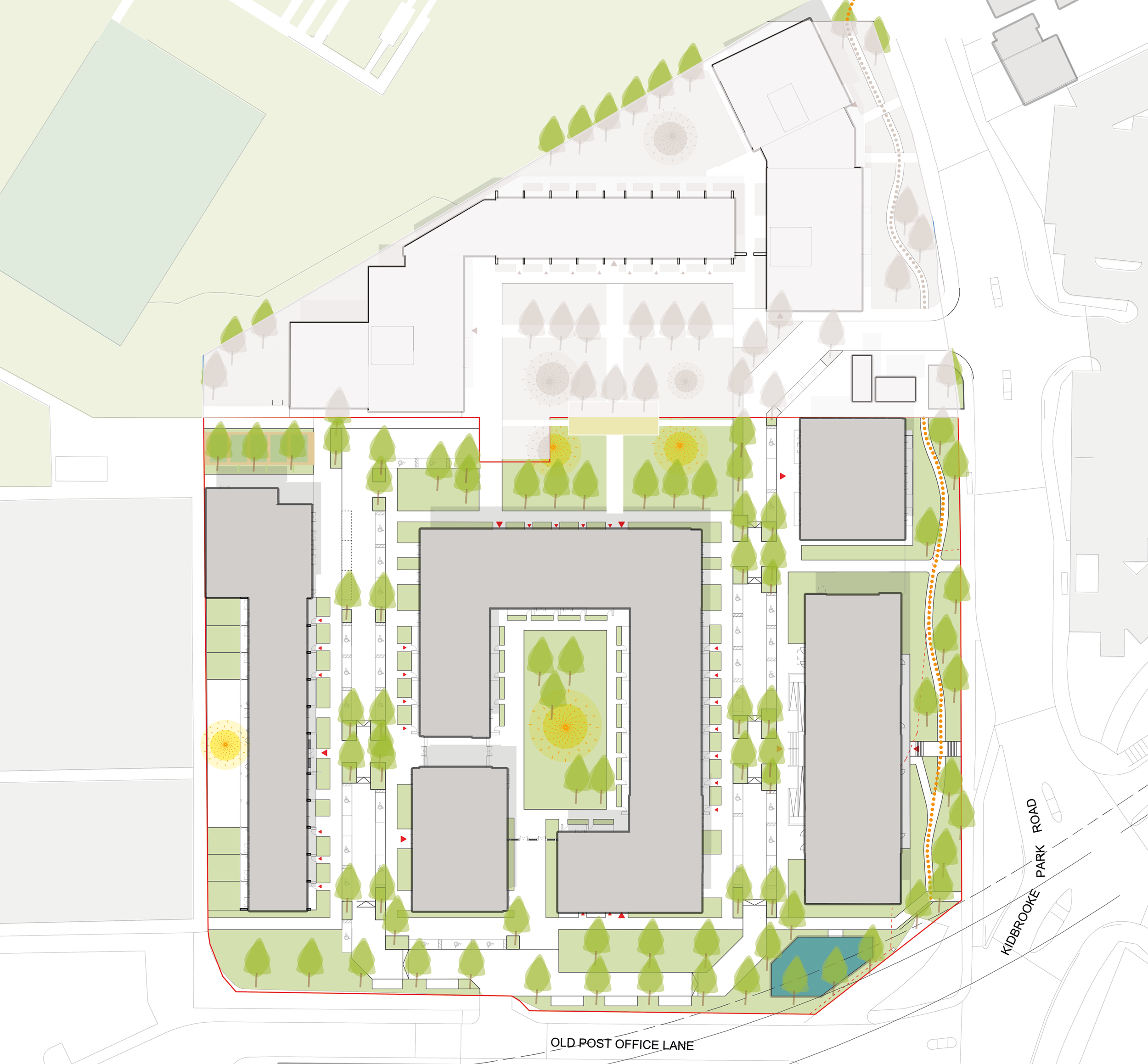 A siteplan showing the layout of the five buildings surrounded by green spaces and planting