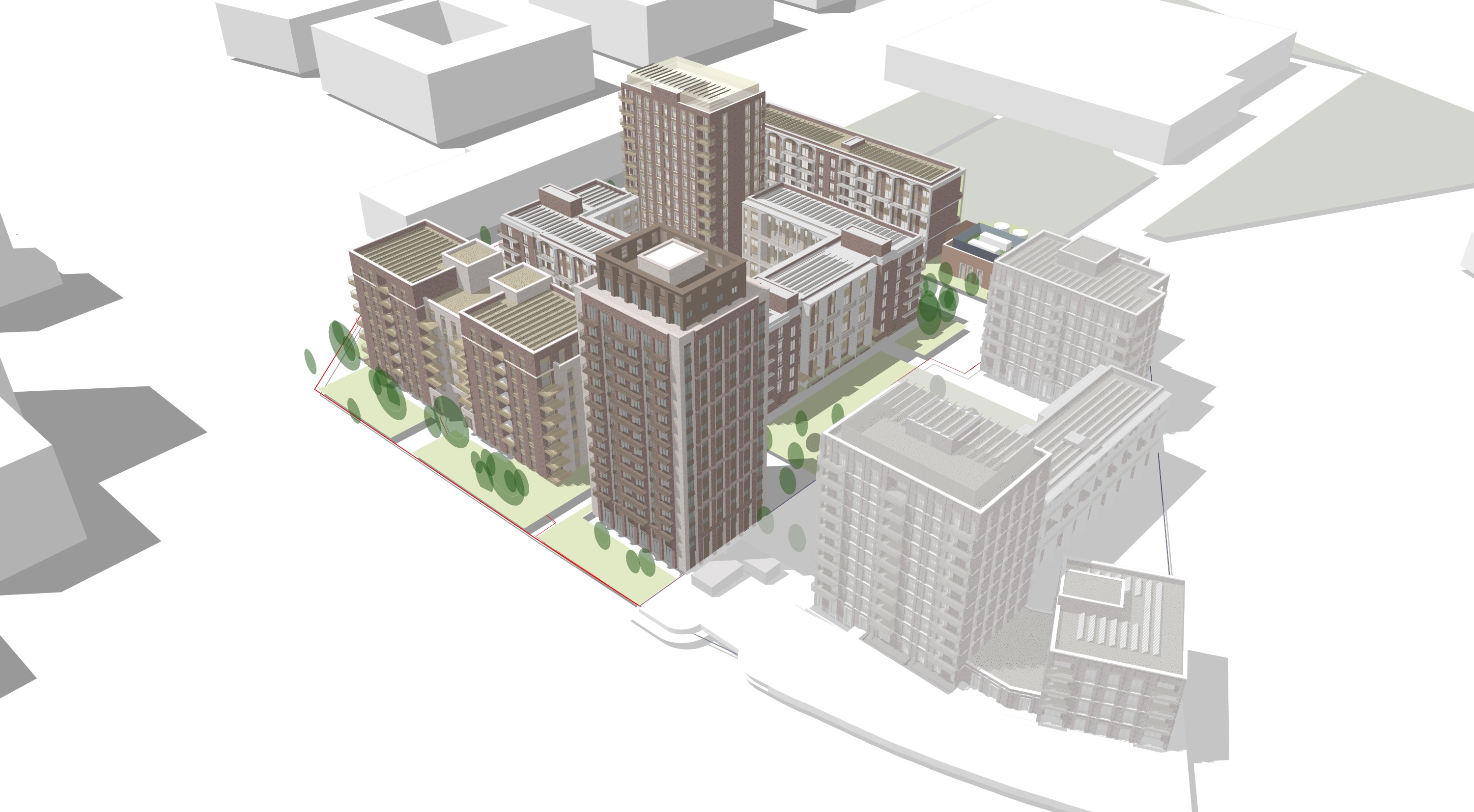 A computer-generated aerial view of the proposed development looking south-west. To the right are several buildings which are part of the previously approved development on the north side of the site. To the left are five apartment blocks on a square plot of land, three lower rise, one of these being a horse shoe shape, another two are high-rise blocks of twelve storeys in height.