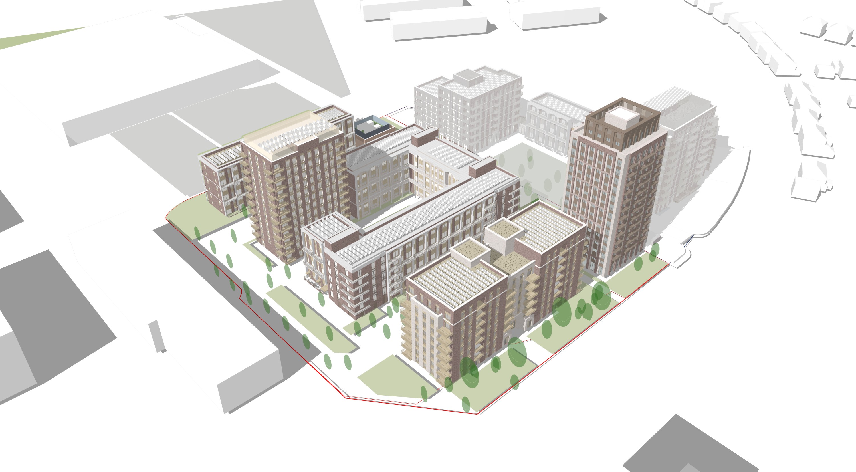 A computer-generated aerial view of the proposed development looking north. To the rear are several buildings which are part of the previously approved development on the north side of the site. To the front are five apartment blocks on a square plot of land, three lower rise, one of these being a horse shoe shape, another two are high-rise blocks of twelve storeys in height.