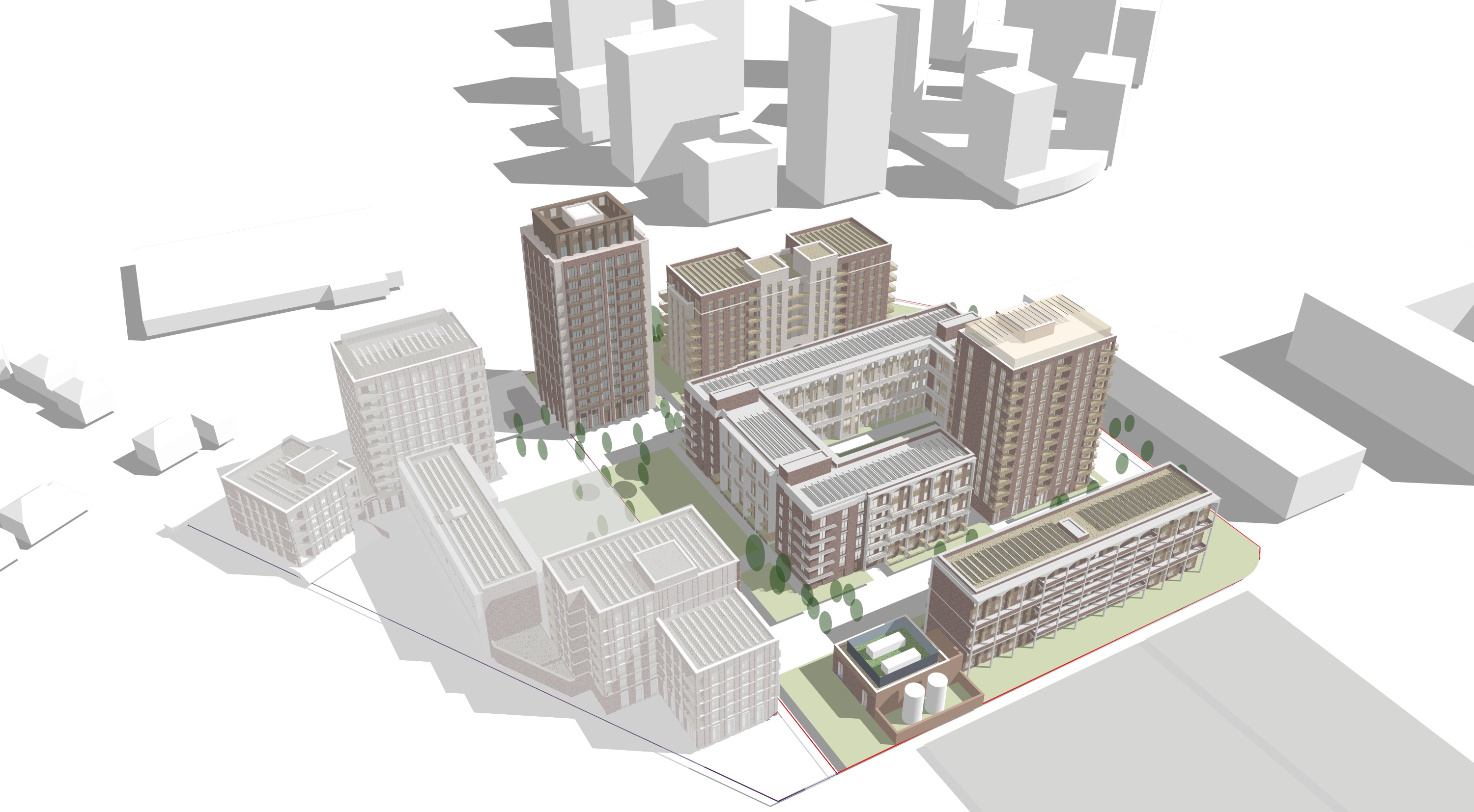 A computer-generated aerial view of the proposed development looking south-east. To the left are several buildings which are part of the previously approved development on the north side of the site. To the right are five apartment blocks on a square plot of land, three lower rise, one of these being a horse shoe shape, another two are high-rise blocks of twelve storeys in height.