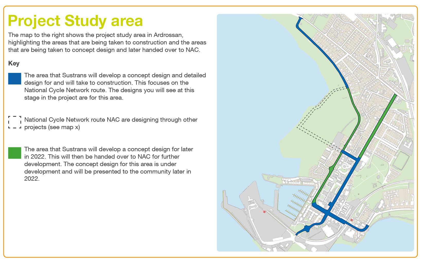 Map showing the area that Sustrans will take through detailed design and construction. This includes part of Princes St, Glasgow St, Barr St and North Crescent Rd. Thisis the area that all the design proposals you can view today are for. It also shows the National Cycle Network route that North Ayrshire Council are designing through other projects through the old shell site. And finally shows the area that Sustrans are developing to concept design level and will then be handed over to North Ayrshire Council  later in 2022. The concept design for this will be presented to the community later in 2022.