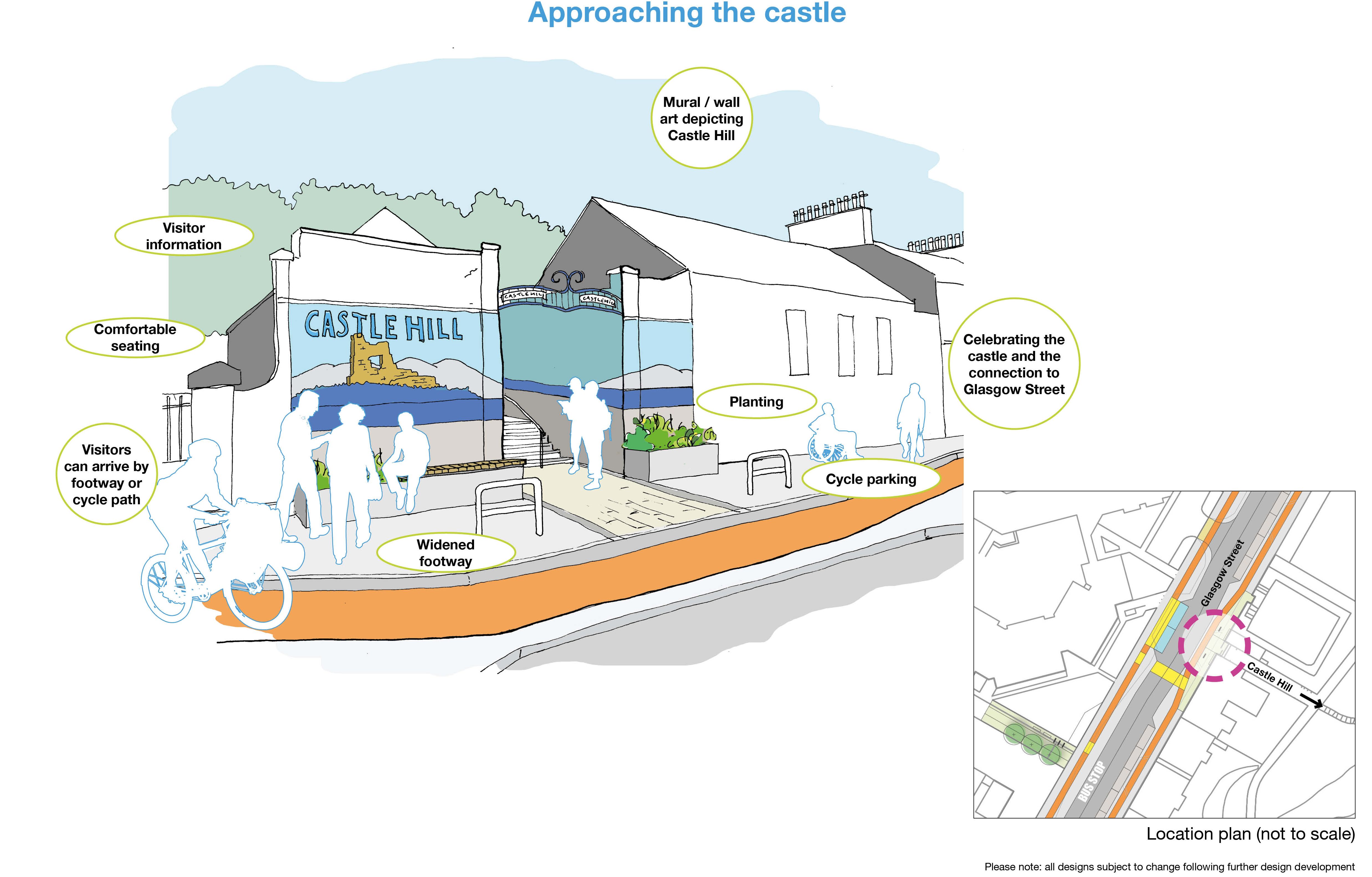 Image shows proposed design for the entrance to the castle steps, Glasgow Street. This design is to celebrate Ardrossan Castle and the connection to Glasgow Street. Proposal includes: a mural on the wall, depicting Castle Hill; planting in plant boxe to the side of the steps, bike parking , seating, visitor information. Visitors can arrive by footway or the segregated cycle path. 