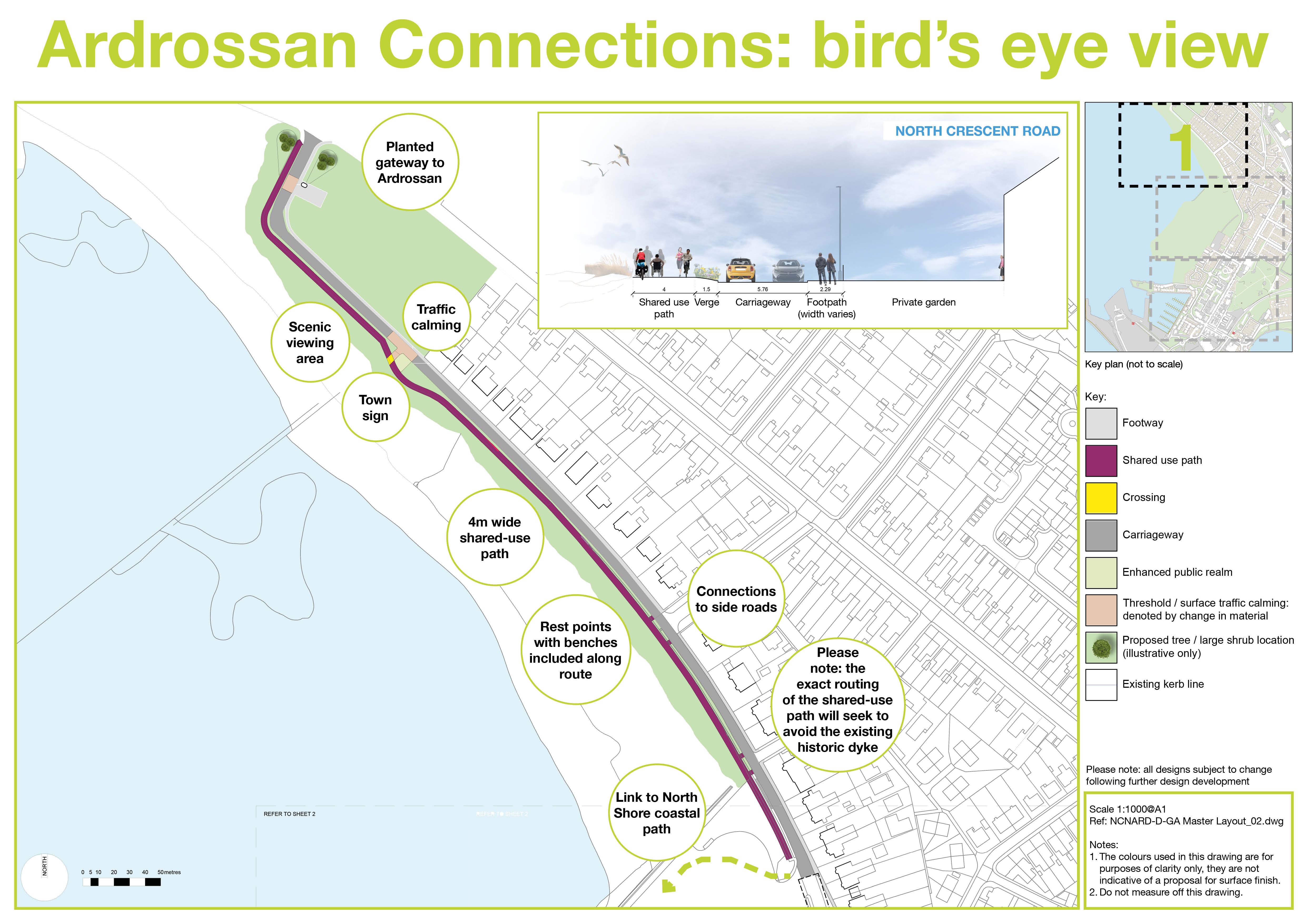 The first section displays North Crescent Road. The design proposes a planted gateway to Ardrossan, retaining the viewing point before you enter the town. As you enter Ardrossan, a town sign would be displayed and there would be traffic calming measures to slow traffic as it enters the town. The shared use path that is there already would be improved and be 4 metres wide. This path would have connections to side roads and rest points with benches along the way. The path would link to the North Shore coastal path, which is being developed by North Ayrshire Council in the North Shore Development. This will allow continuity experience for the user. The exact routing of the shared-use path will seek to avoid the existing historic dyke. 