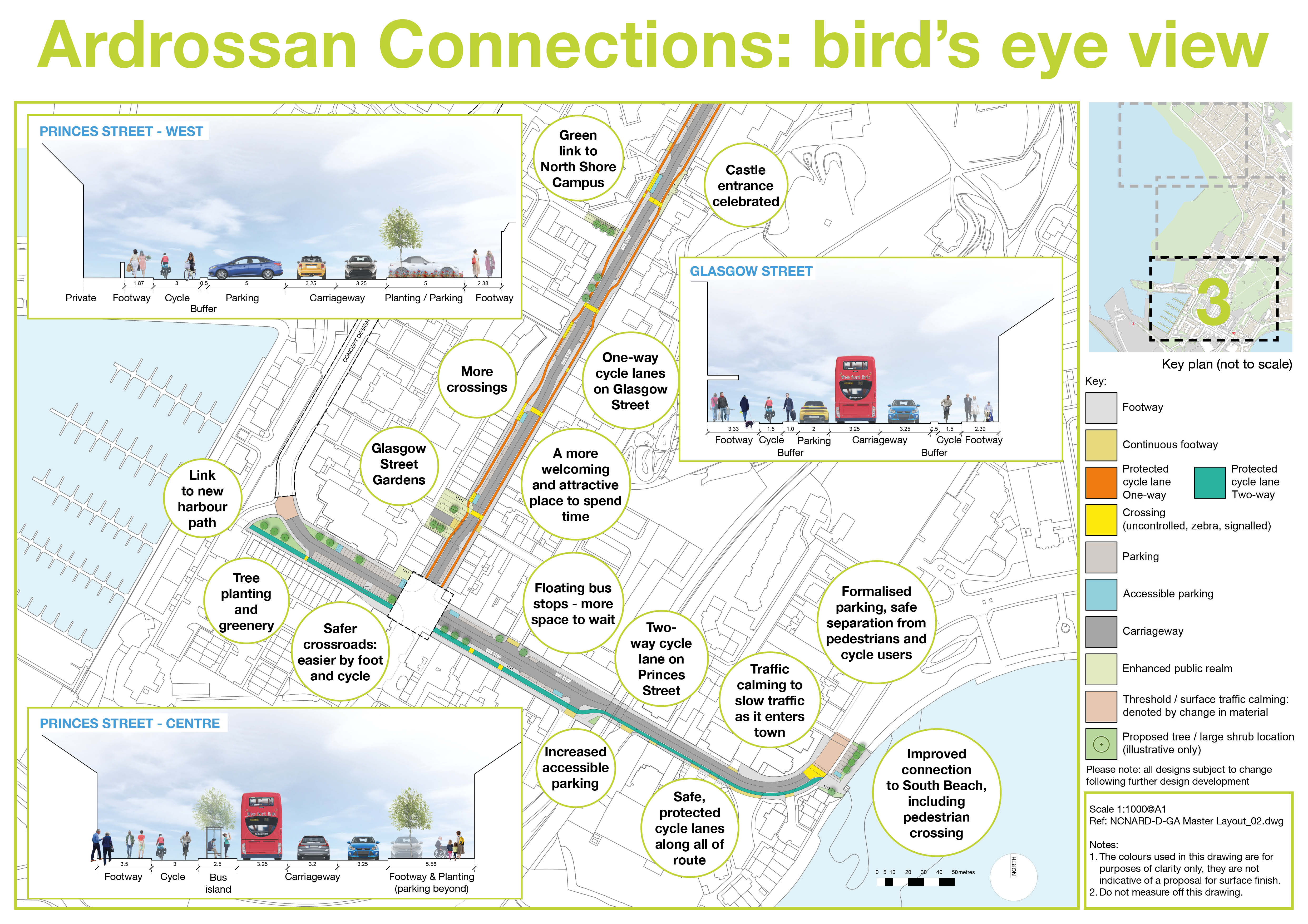 The third section of the design overview shows the proposed designs for Glasgow Street and Princes Street. On Glasgow Street, there are proposals for more crossings - suggestions for locations of these are: Proposed New signal controlled crossing near Castle Hill access steps and North Shore active travel link. Retained signal-controlled crossing at church on Glasgow St but with reduced crossing distances. Proposed new informal crossing near Jaipur on Glasgow St. Proposed New zebra crossing near Glasgow Street’s shops. Please note, not all these crossings will be in the final designs, we would like your views on where they should go. Glasgow Street would also be a more attractive place to spend time in, with the castle entrance being celebrated, more greenery and placemaking at the greenspace by the shops and a green link to the North Shore Campus. More details about these spaces can be found in the 'Designs for areas you could spend time in' section. There would be one way, segreagted cycles lanes on Glasgow Street. One Princes Street there would be a link to the new harbour, more greenery and the cross roads of PRines Street and Glasgow Street will be safer to cross by foot and cycle. Floating bus stops would allow more space for people to wait. Princes Street would have a two-way cycle lane on one side of the road, which would be segregated. There would be increased accessible parking on Princes Street and traffic calming measures to encourage drivers to slow down as they enter town. Improved connections to South Beach promenade, including a pedestrian crossing and formalised parking is suggested here, to allow a safe separation from pedestrians