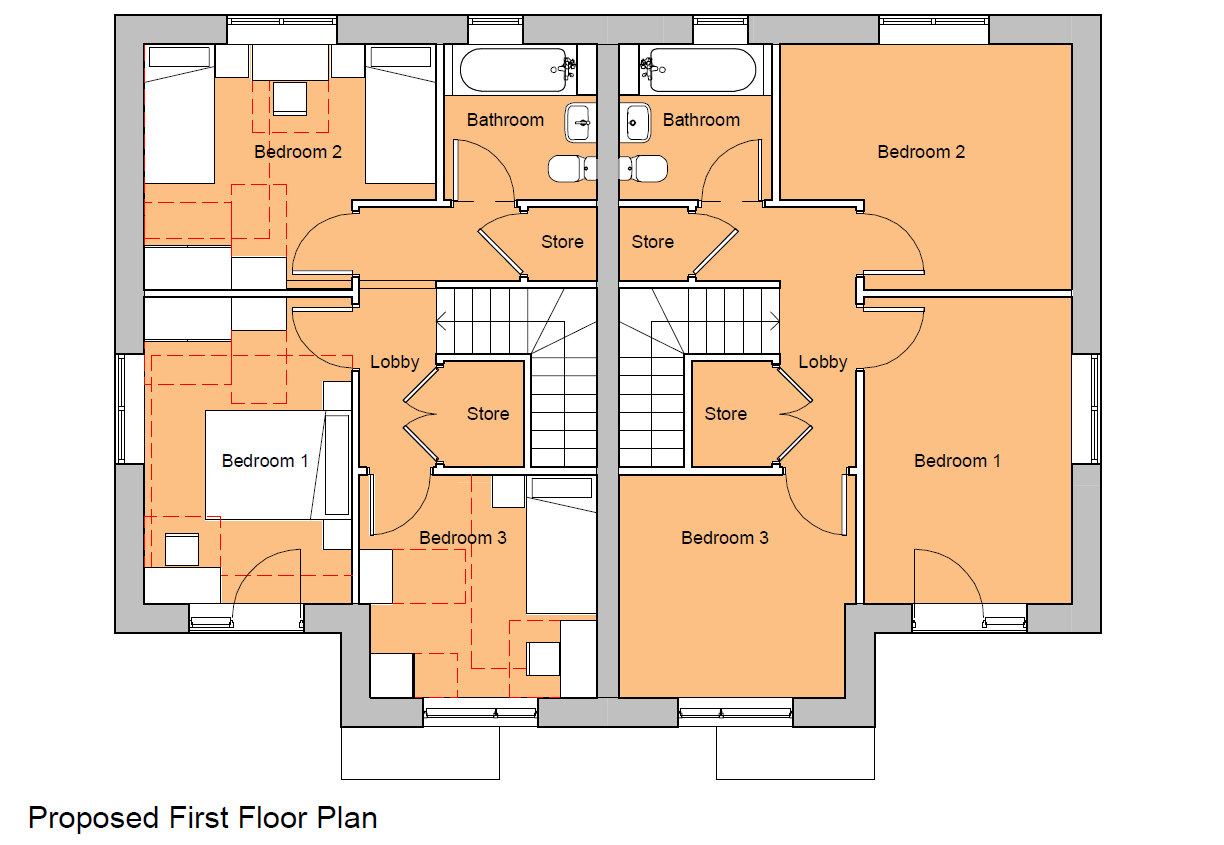 A floorplan showing the 1st floor layout of the proposed homes. Two adjoined semi detached homes are shown with identical layouts. A landing from the stairs features two storage spaces, and leads off to the three bedrooms and a bathroom with bath.