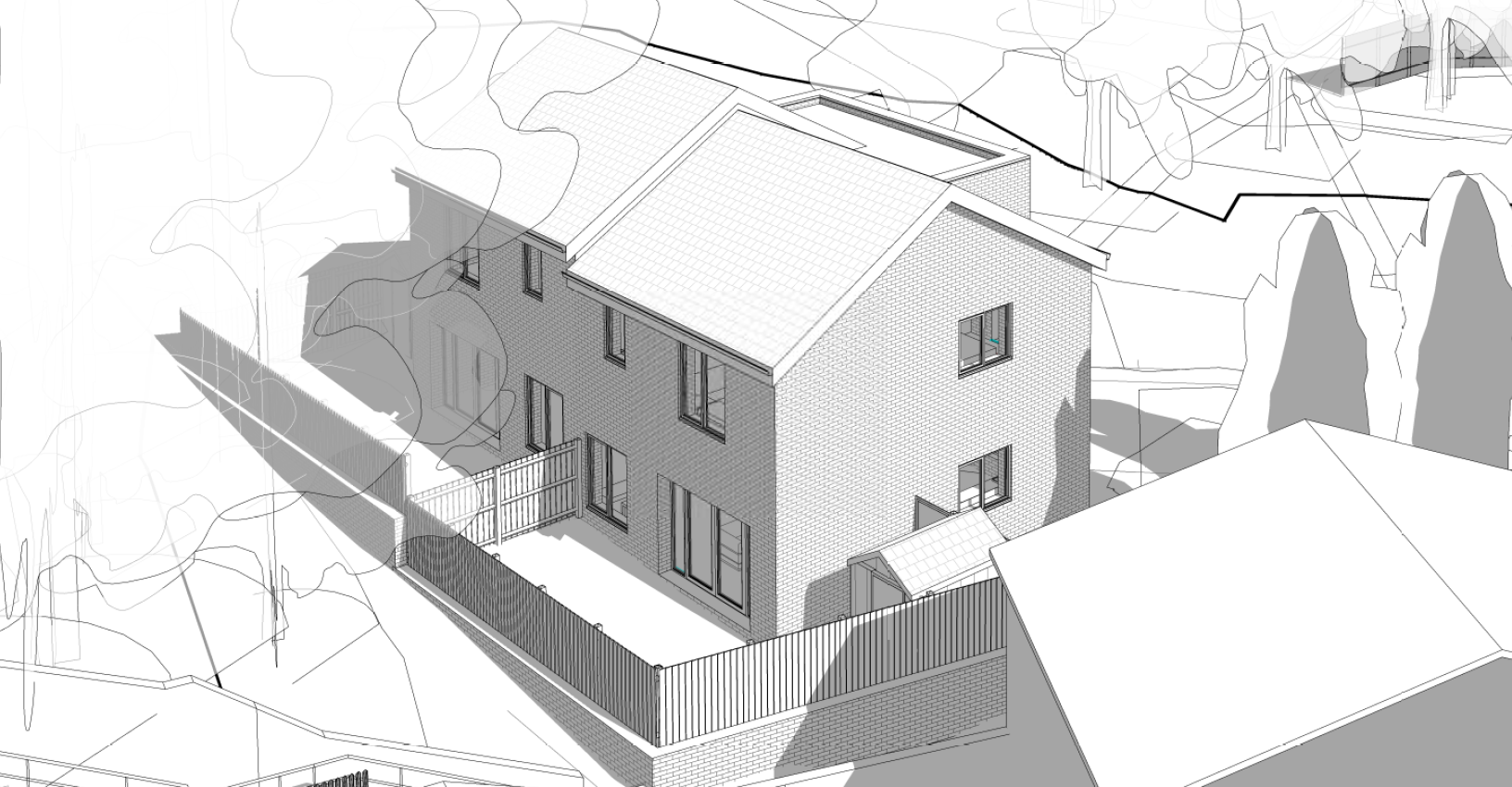 A black and white illustration showing the rear of the two proposed homes, semi-detached two-storey houses with pitched roofs, rear gardens, windows on the upper floors and glass doors opening on to the garden on the ground floor.