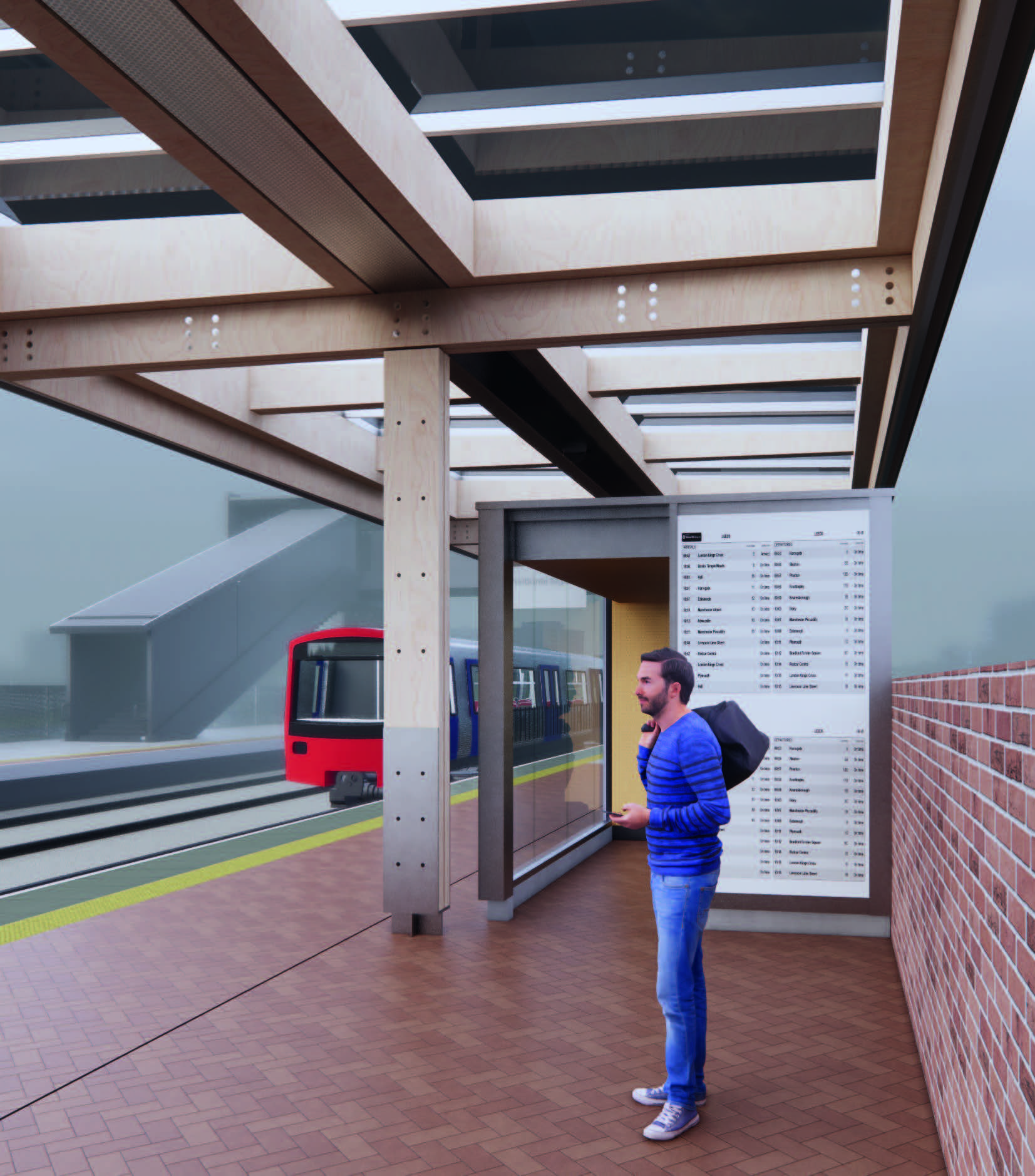 Visualisation showing a view along the platform with a man waiting under the platform canopy.. The canopy is supported by timber columns, connecting to the platform through a steel plated shoe. The canopy frame above is constructed of horizontal beams of cross-laminated timber holding the PV glass roof. For additional shelter a waiting pod can fit in the space beneath the canopy.