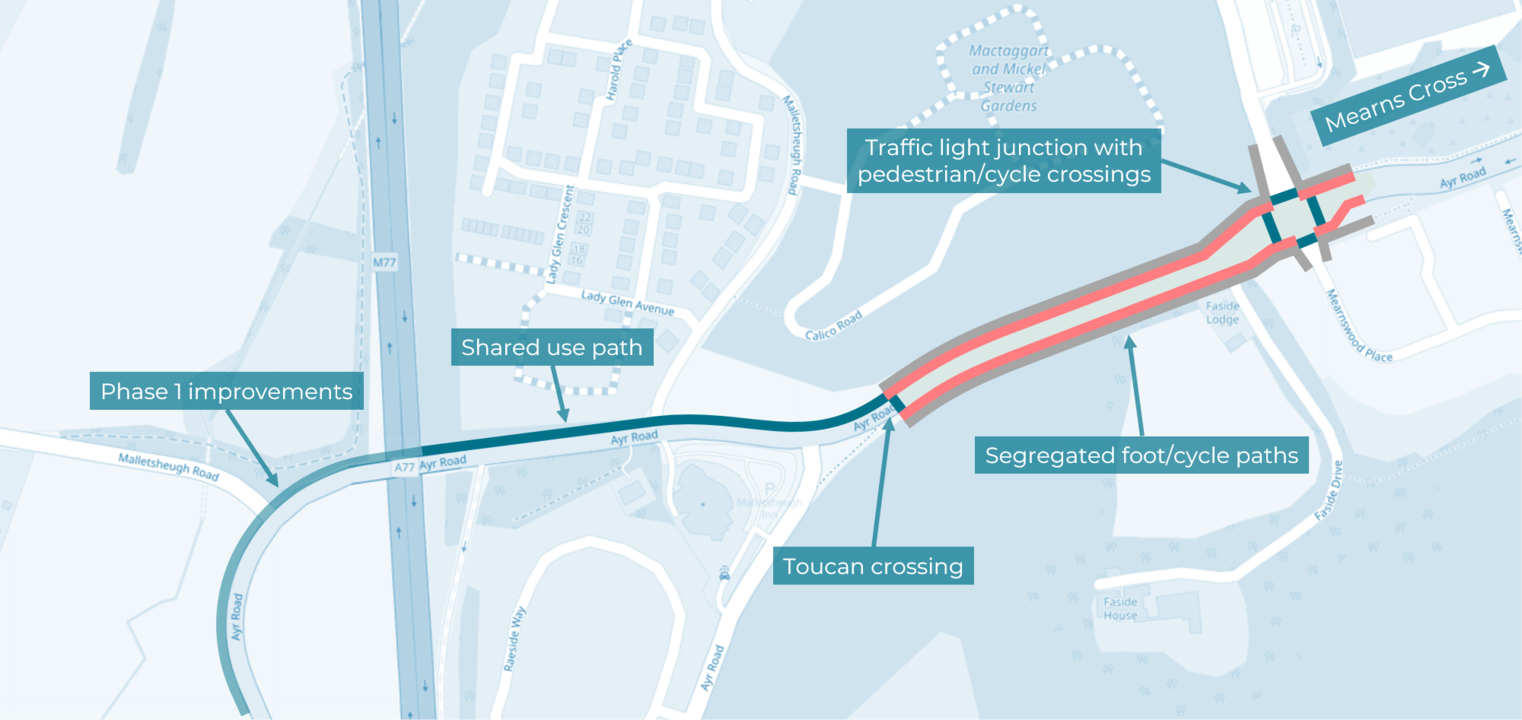 Map showing extent of new shared paths, segregated cycle lanes, and crossings, as described below.