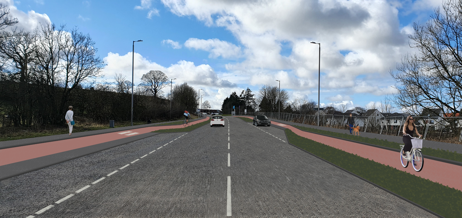 Road with one lane in each direction, segregated cycle lanes, and grass verges to separate the cycle lanes from the road