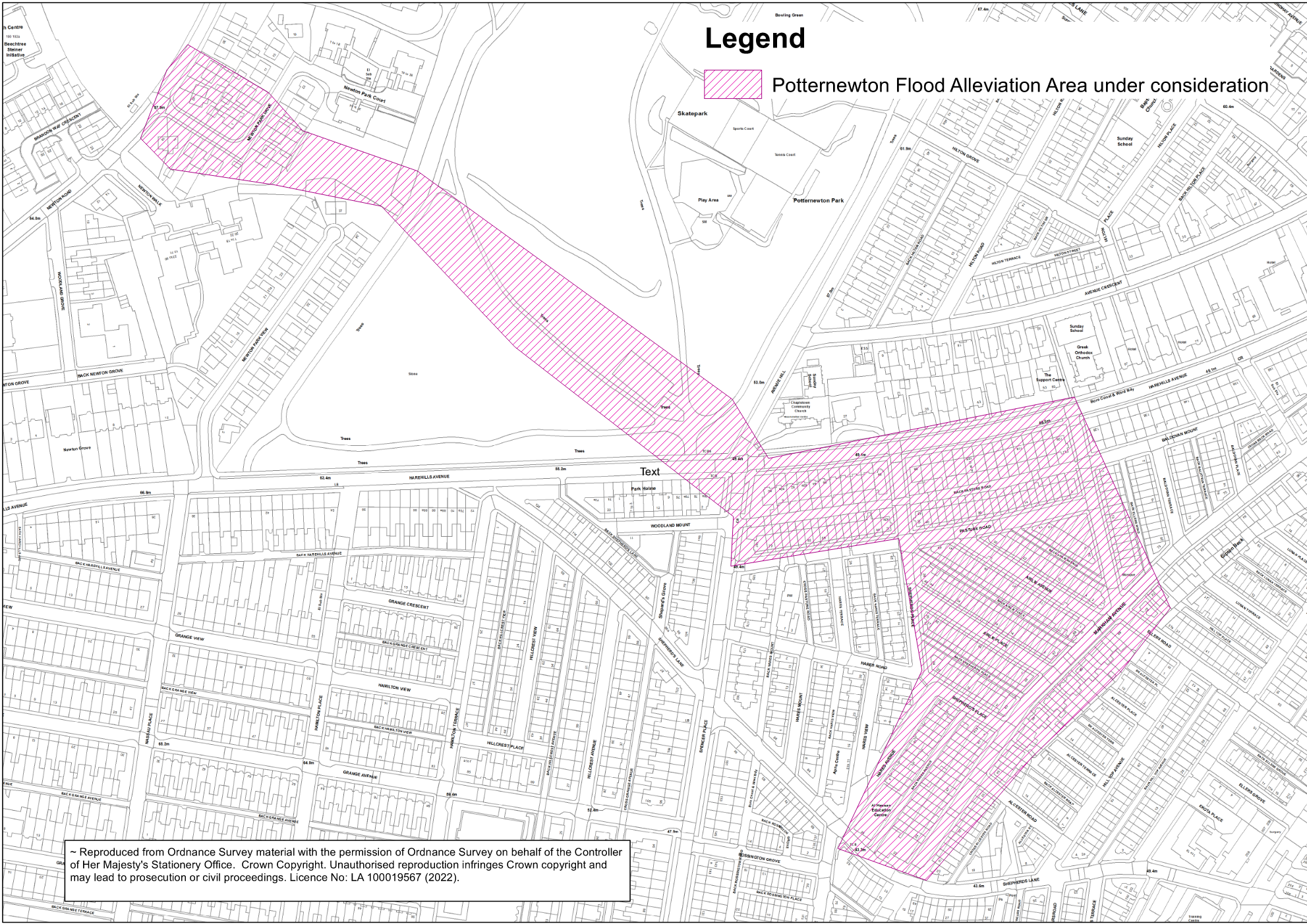 a map of the parts of potternewton we are considering as part of our study highlighted