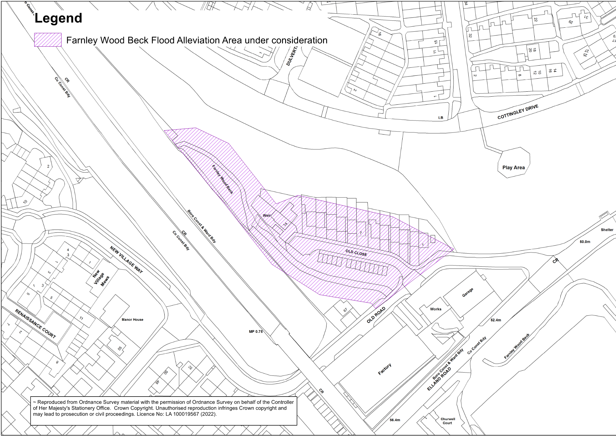 A map with the section of Farnley Wood Beck under consideration for the FAS highlighted