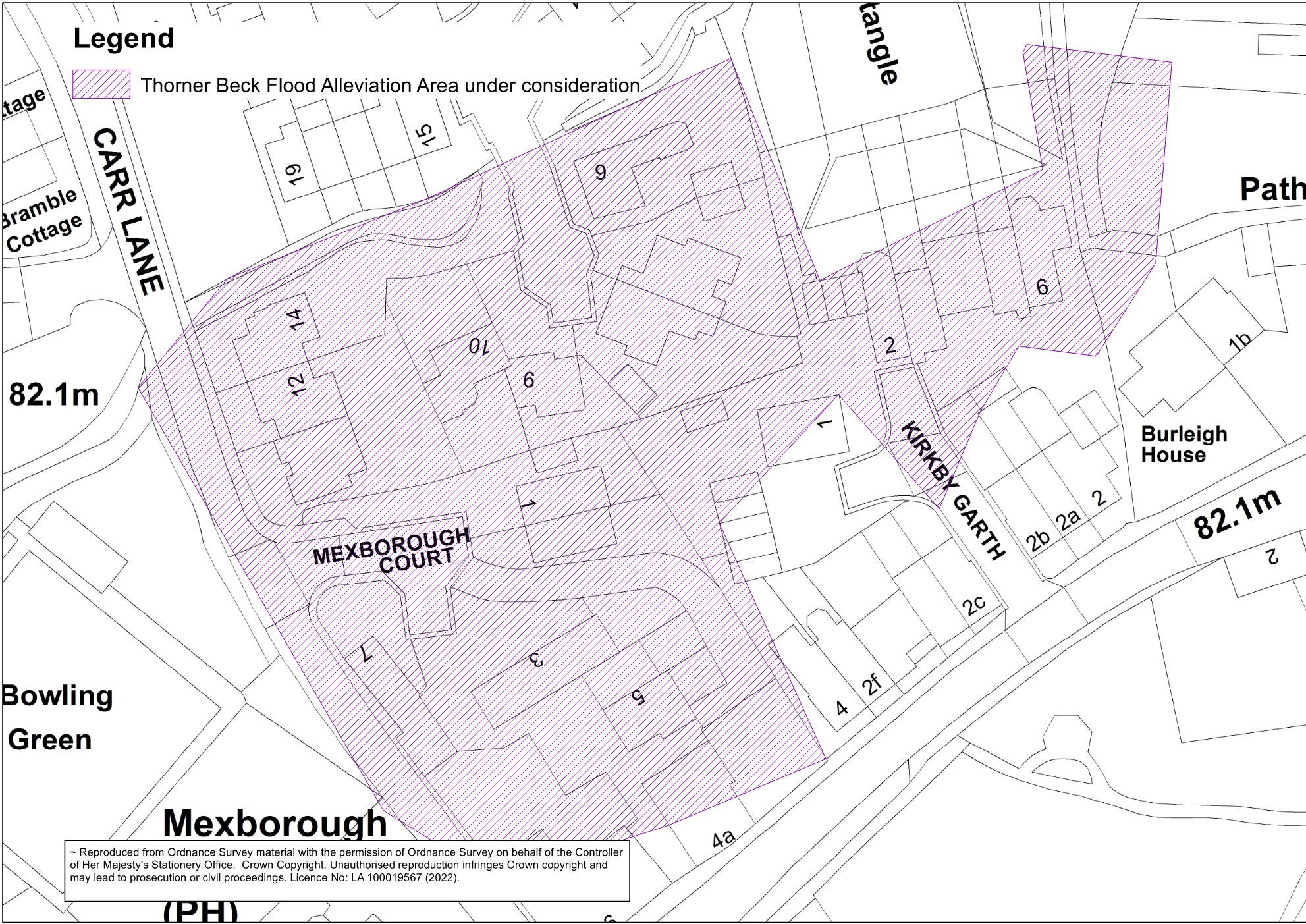 a map with the area of Thorner under consideration for the flood risk study highlighted