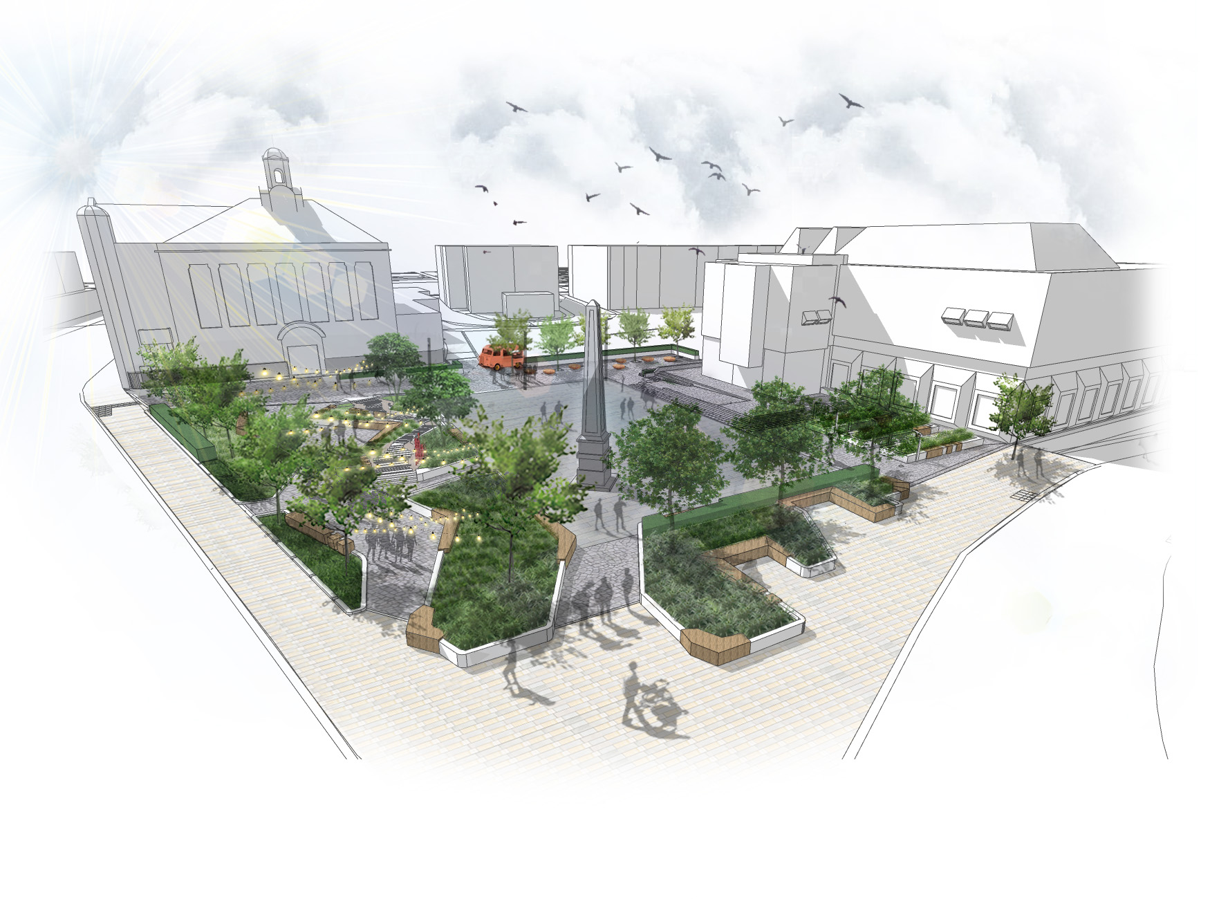 sketch of the new town square with more greenery