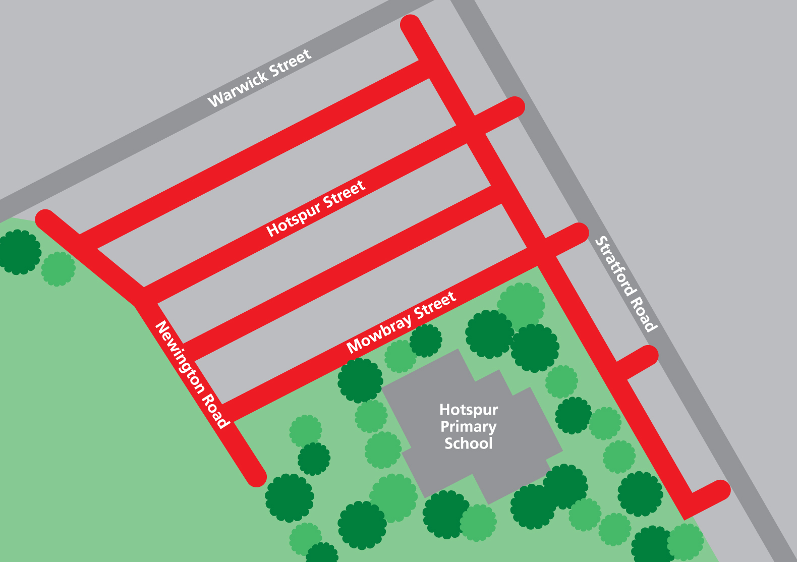 map of the streets affected by the scheme near hotspur primary school