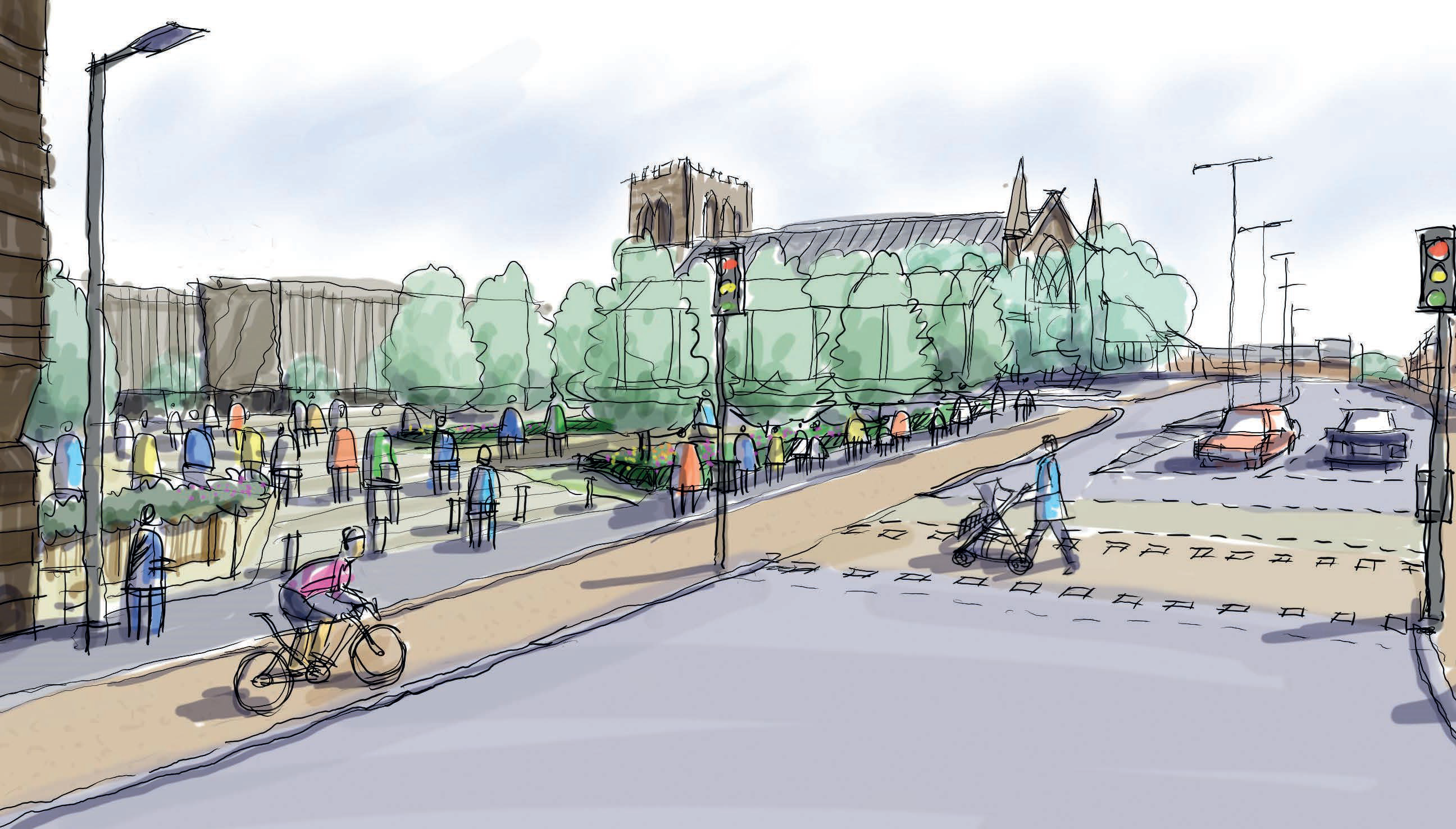 sketch of the new town square with better cycle and pedestrian accessibility