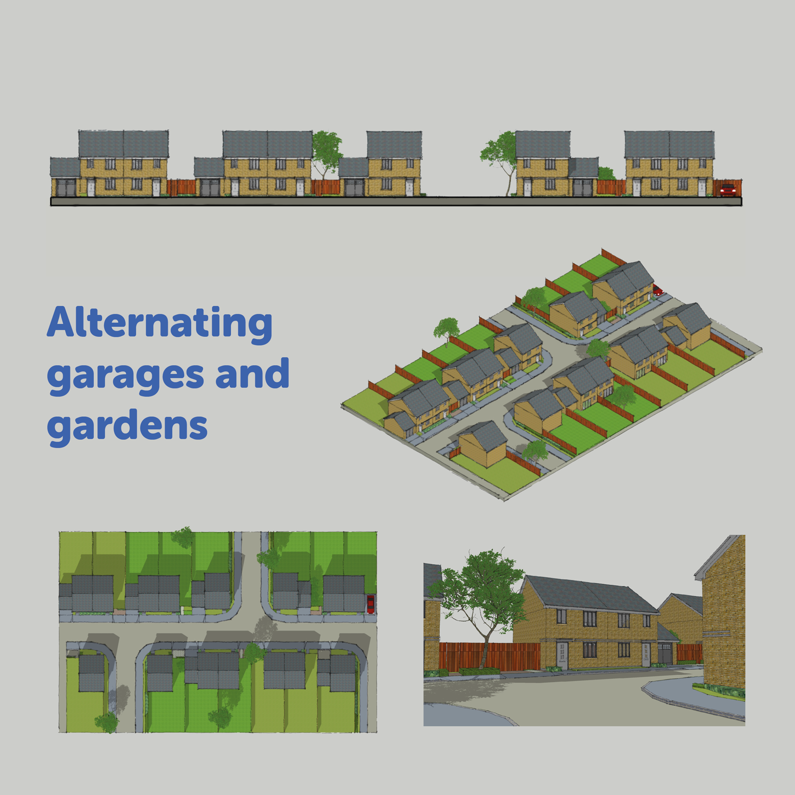 Alternating garages and gardens