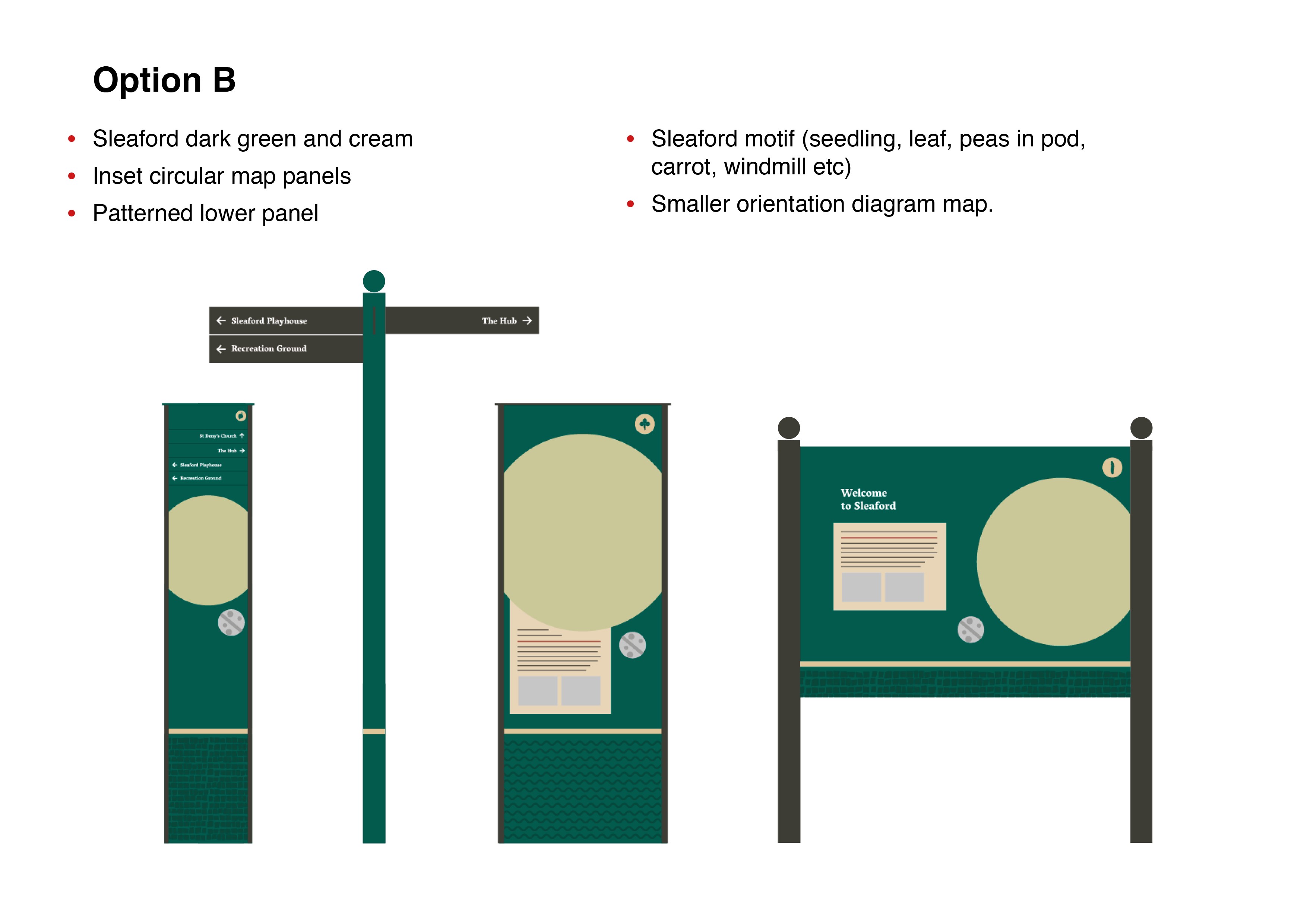 Option B  -	Sleaford dark green and cream  -	Inset circular map panels  -	Patterned lower panel  -	Seaford motif (seeding, leaf, peas in a pod, carrot, windmill etc) -	Smaller orientation diagram map 