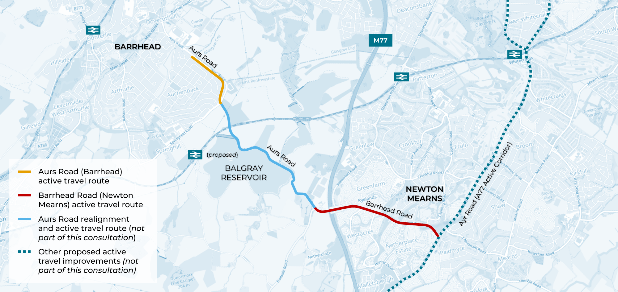 Overview map of Balgray Connections project, showing route along Aurs Road in Barrhead and Barrhead Road in Newton Mearns